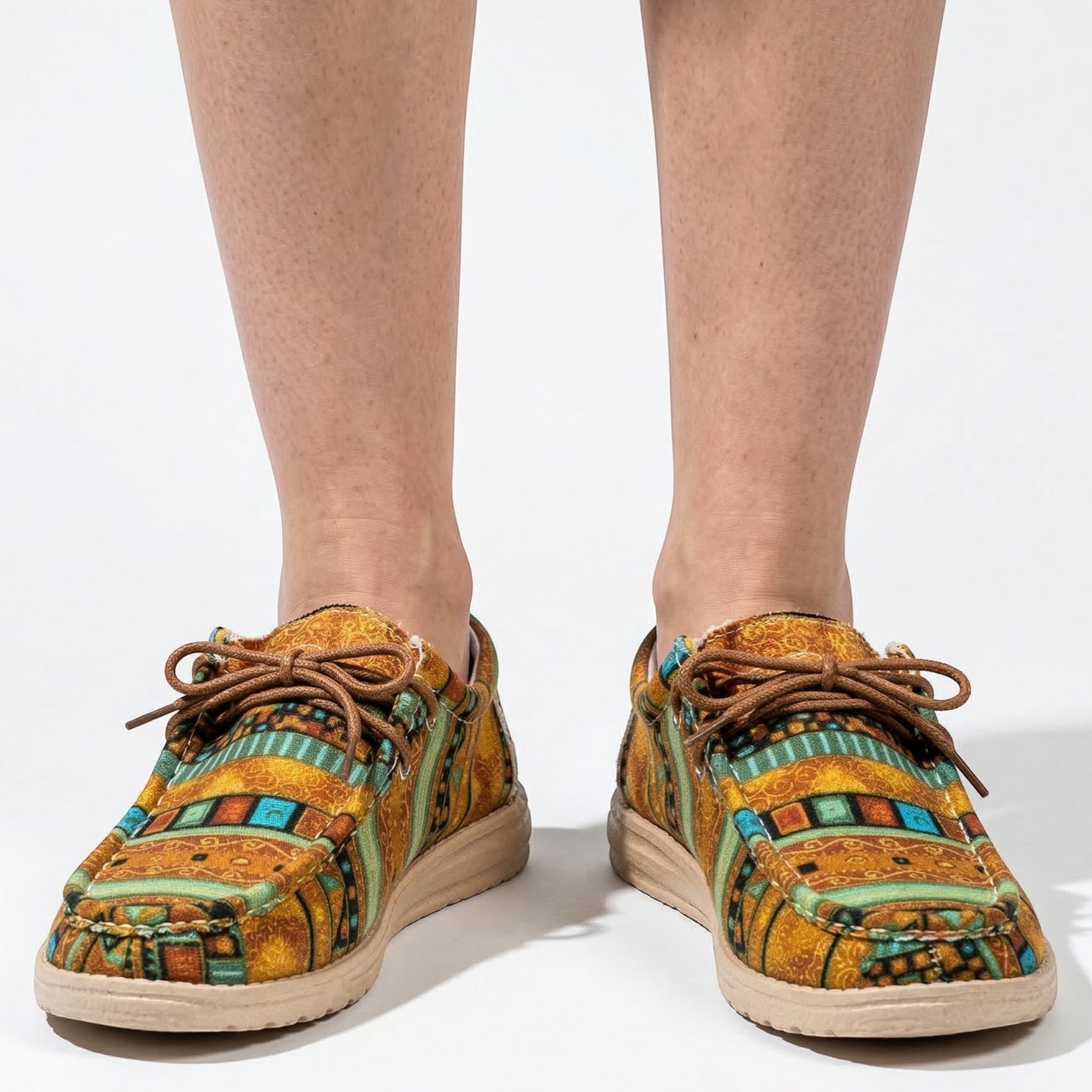 Isla - Women's Patterned Moccasins with Casual Lace - up Detail - Shoes - Khaki - Taylor & Bennett
