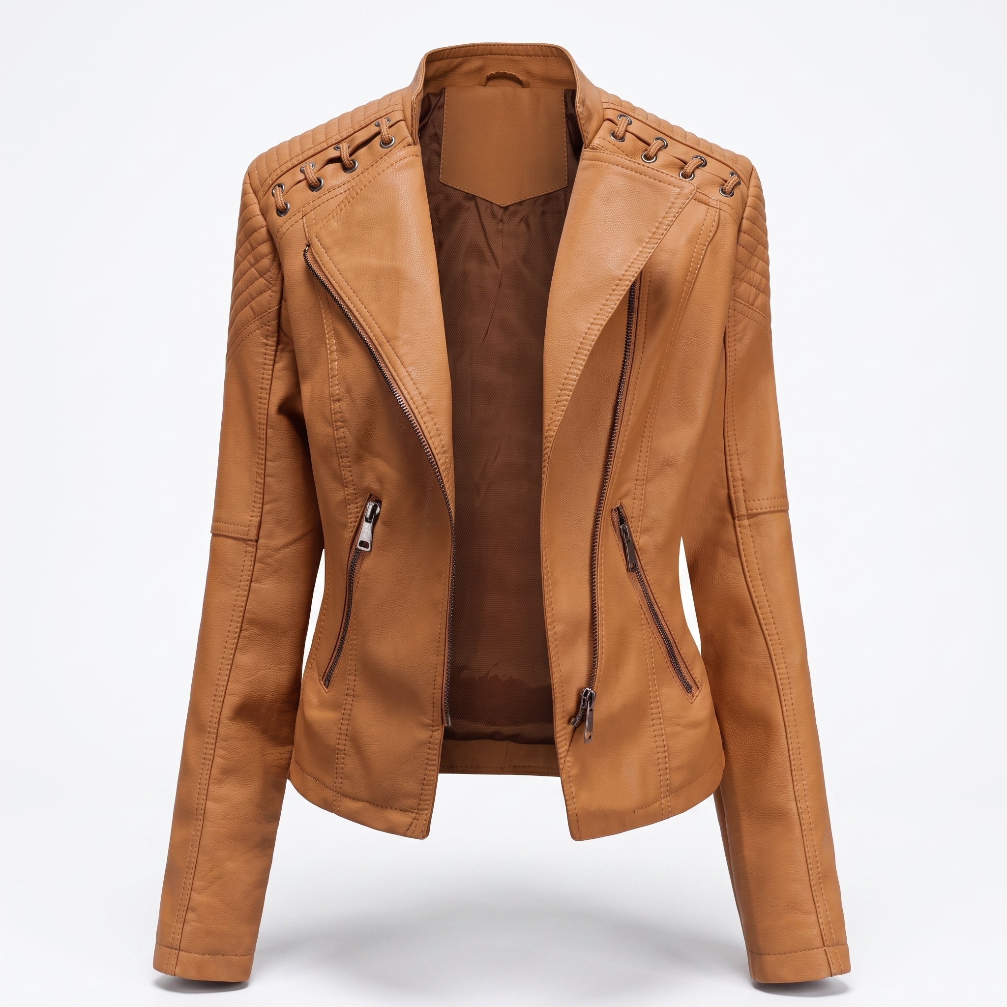 Isla - Women's Quilted Biker Jacket with Lace-Up Shoulder Detail - Motorcycle Outerwear - Light Brown - Taylor & Bennett