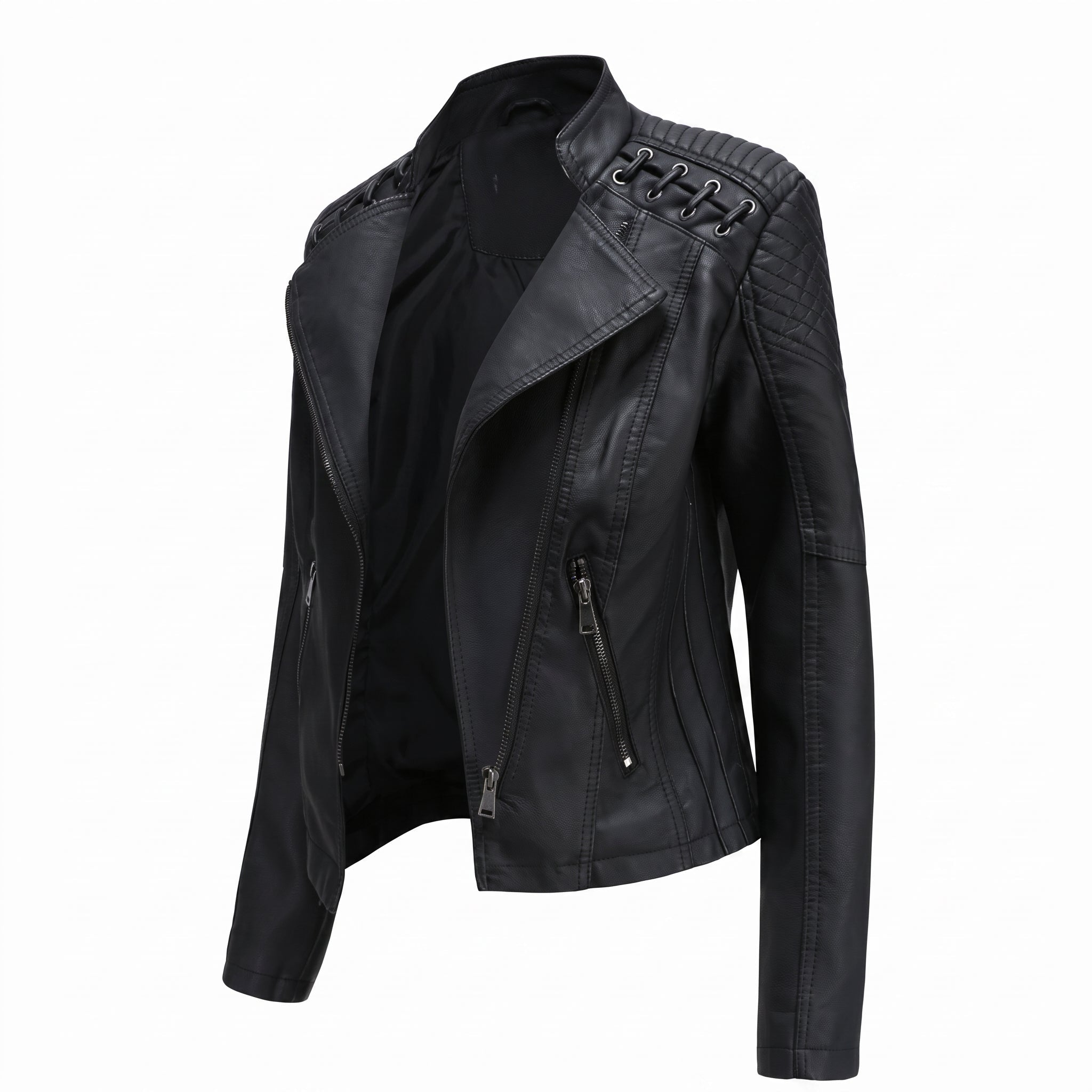 Isla - Women's Quilted Biker Jacket with Lace-Up Shoulder Detail - Motorcycle Outerwear - Black - Taylor & Bennett