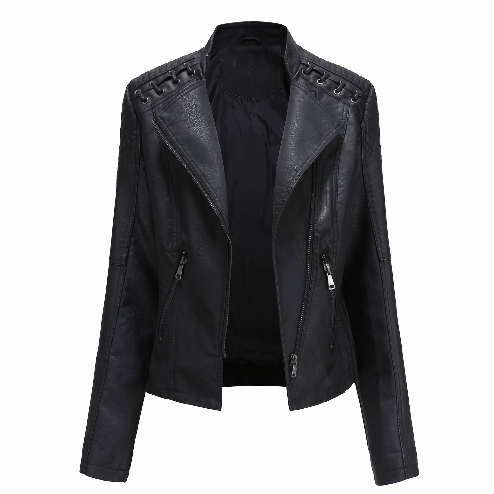 Isla - Women's Quilted Biker Jacket with Lace-Up Shoulder Detail - Motorcycle Outerwear - Black - Taylor & Bennett
