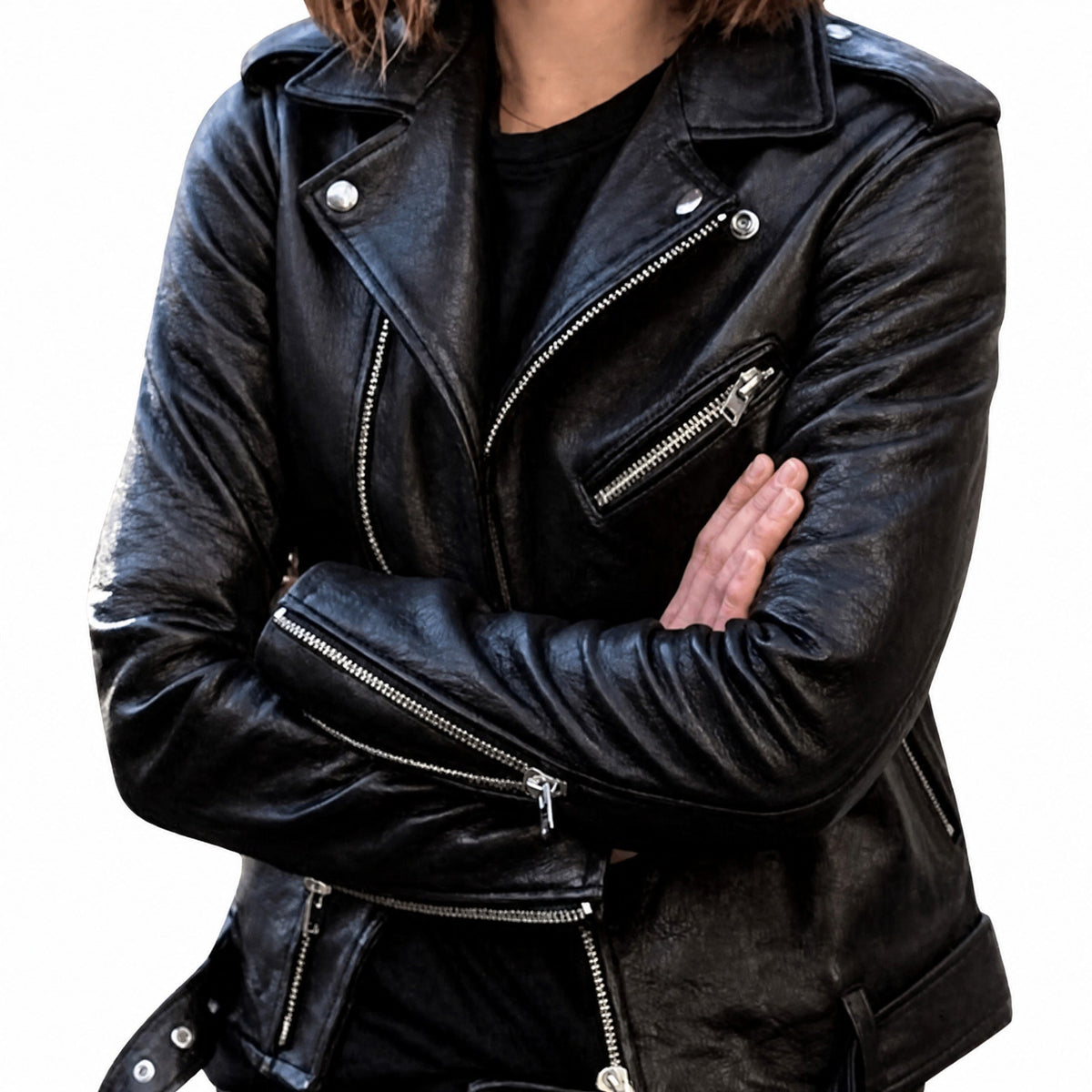 Isla - Women's Slim Fit Biker Jacket with Zip Detail and Asymmetric Front - Motorcycle Outerwear - Black - Taylor & Bennett