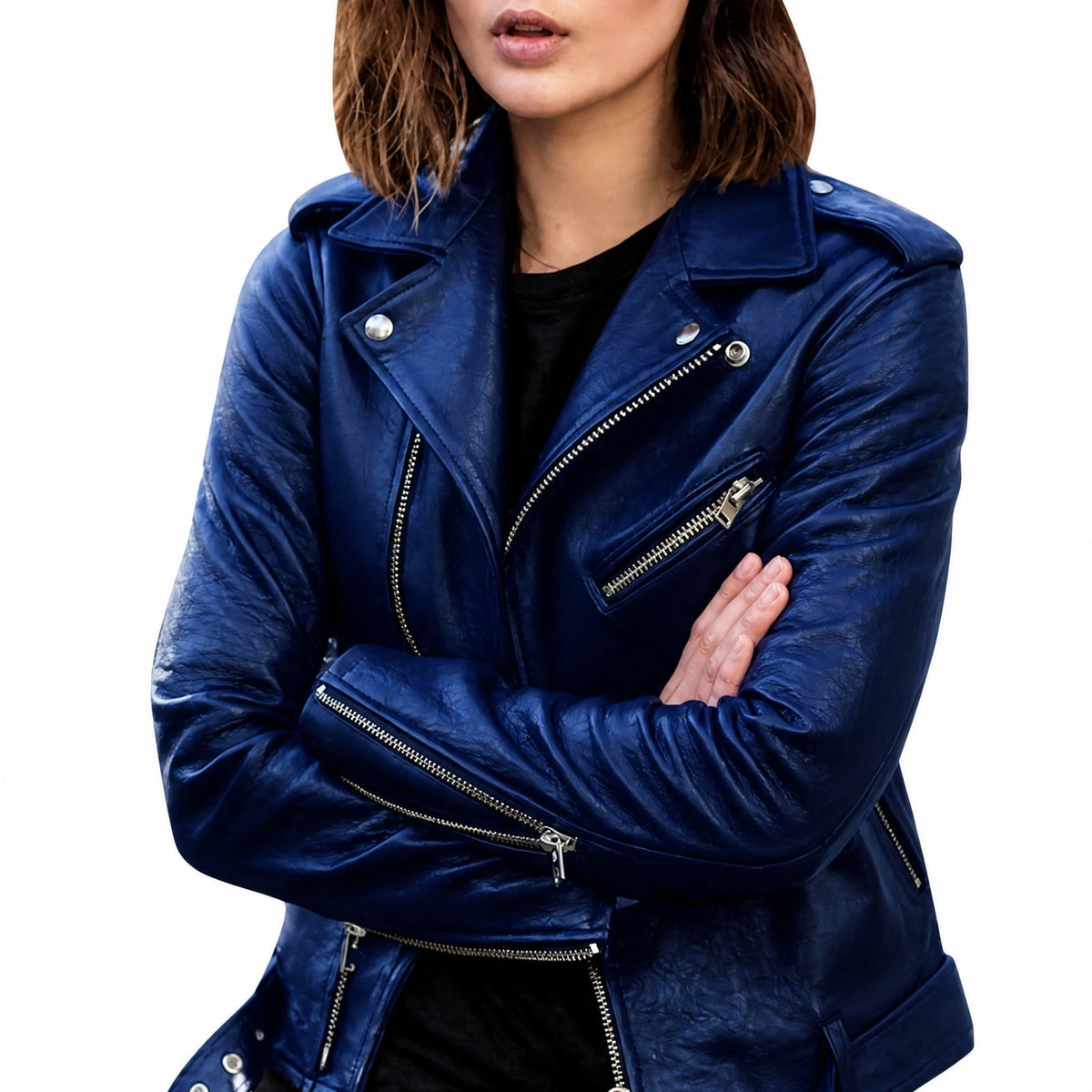 Isla - Women's Slim Fit Biker Jacket with Zip Detail and Asymmetric Front - Motorcycle Outerwear - Blue - Taylor & Bennett