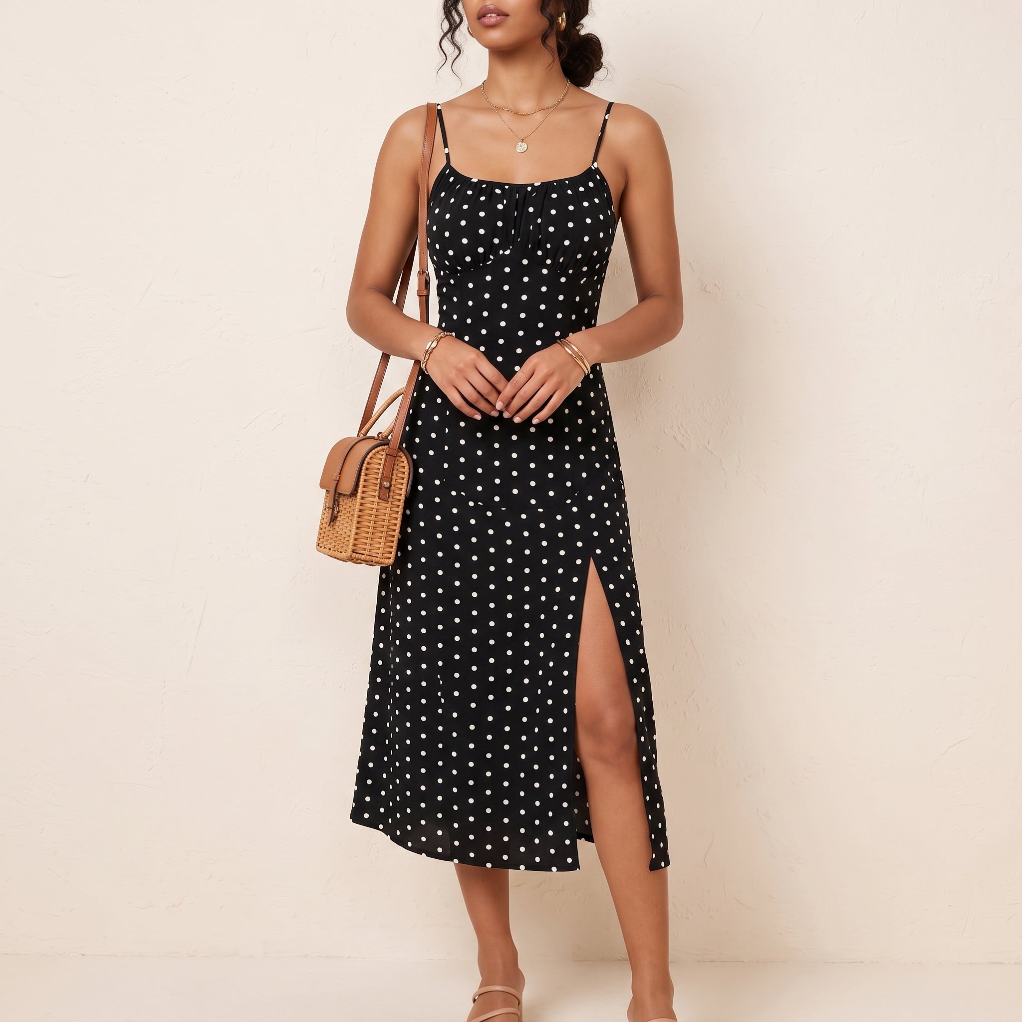 Isla - Women's Summer Polka Dot Spaghetti Strap Midi Dress - Dresses - Black - Taylor & Bennett