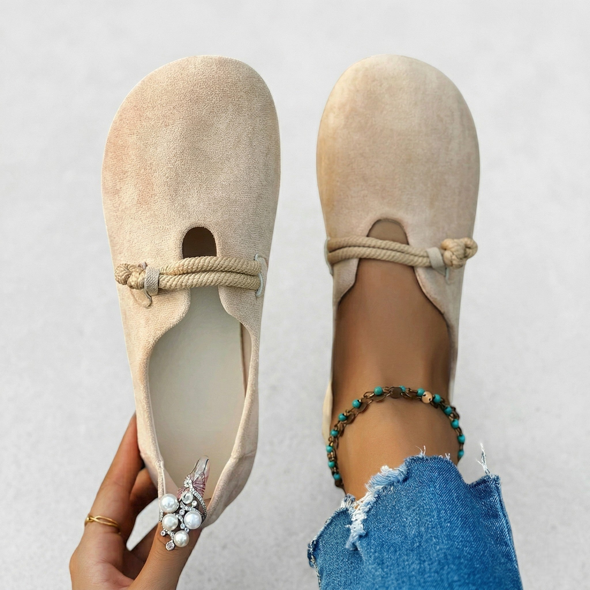 Ivy - Women's Round Toe Slip - On Flats with Rope Detail - Shoes - Beige - Taylor & Bennett