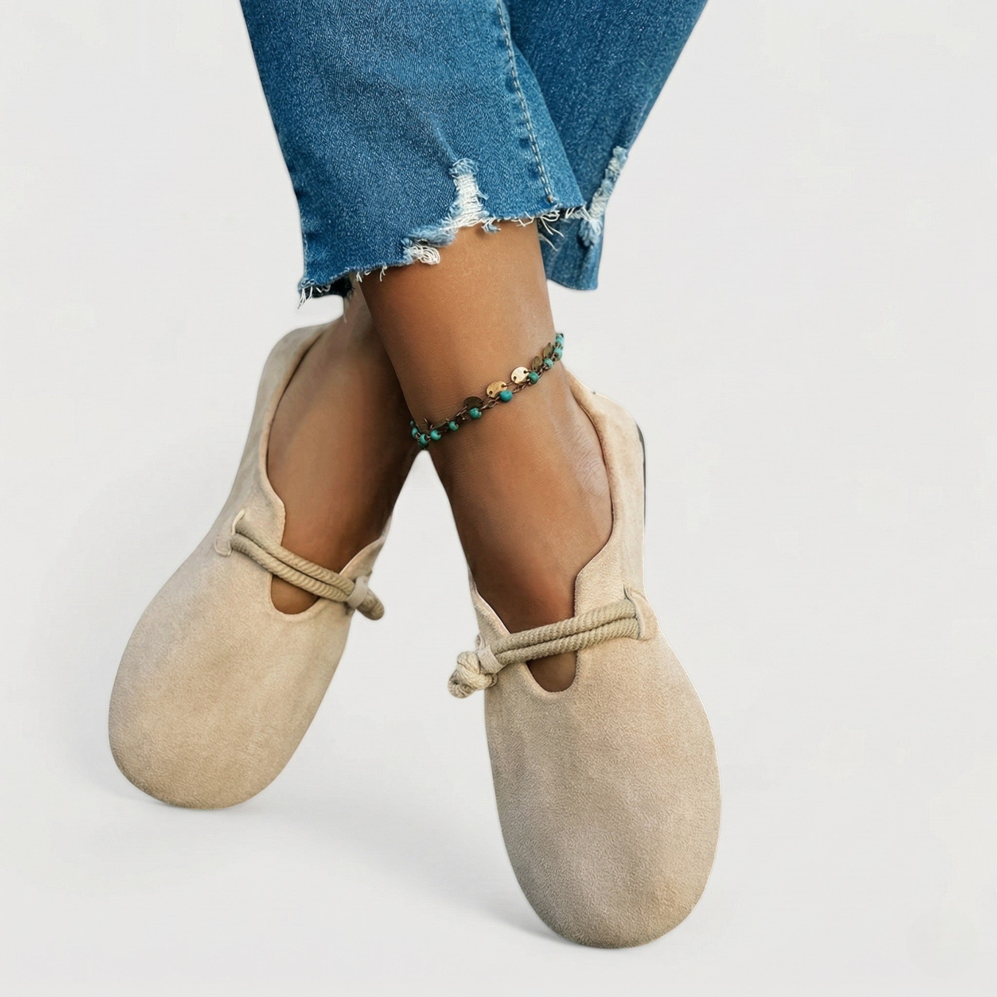 Ivy - Women's Round Toe Slip - On Flats with Rope Detail - Shoes - Beige - Taylor & Bennett