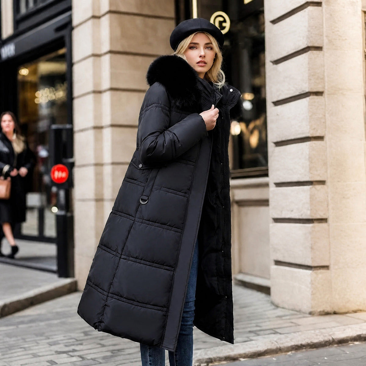 Jacqueline - Women's Belted Longline Parka Jacket with Faux Fur Hood - Parkas - Black - Taylor & Bennett