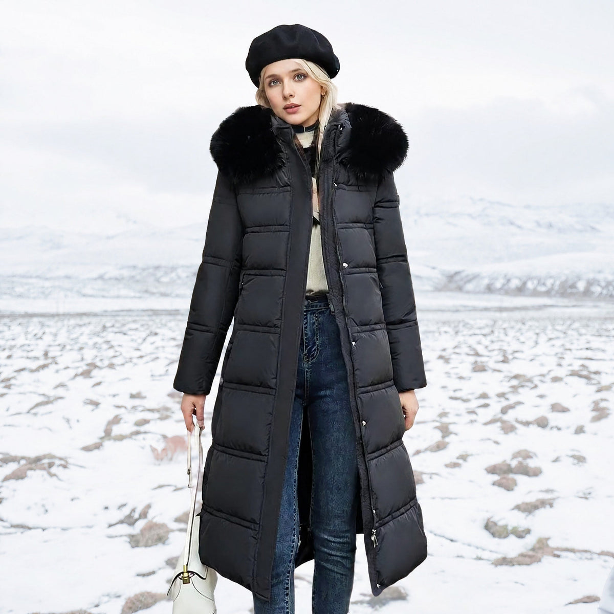 Jacqueline - Women's Belted Longline Parka Jacket with Faux Fur Hood - Parkas - Black - Taylor & Bennett