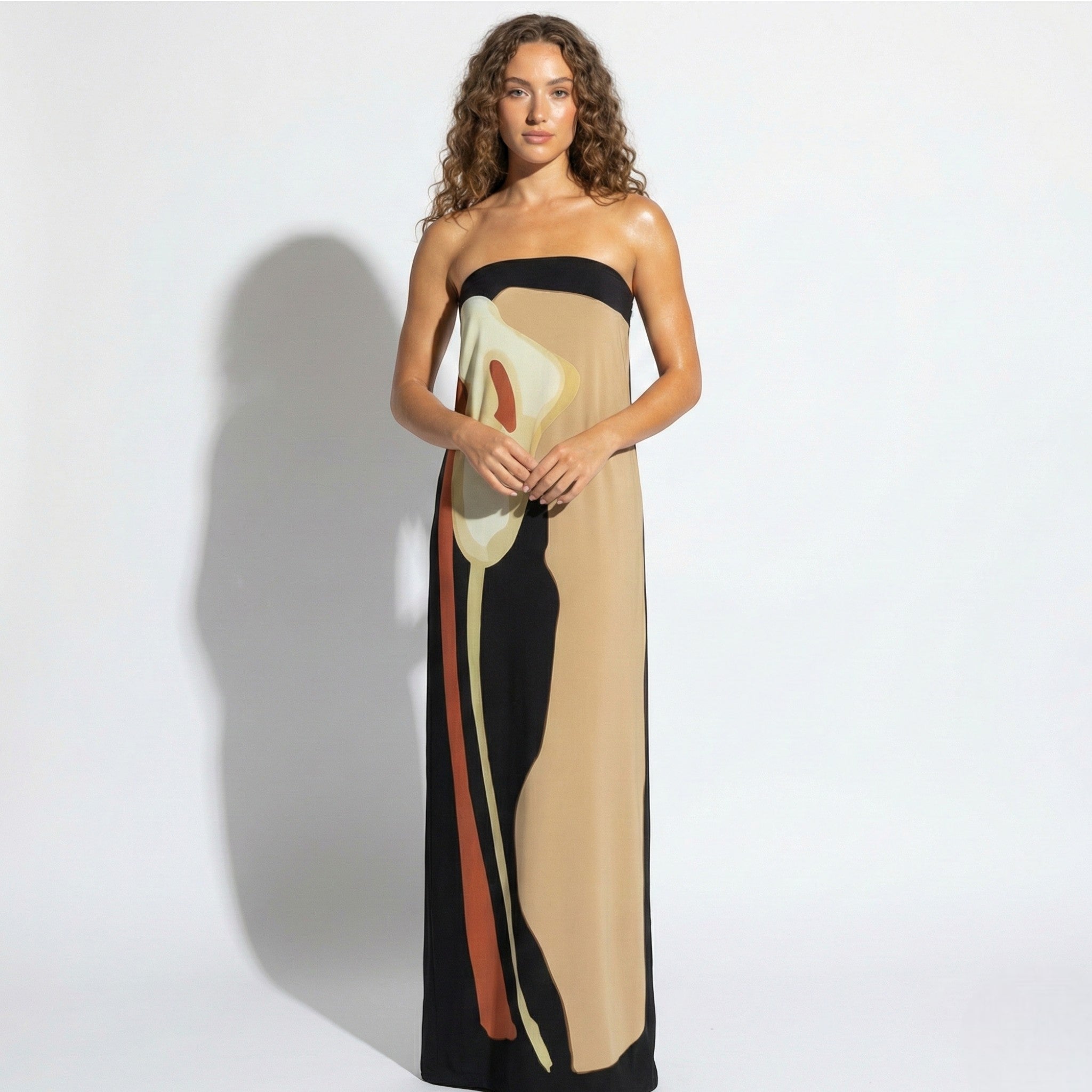 Jaime - Women's Strapless Maxi Dress with Abstract Floral Print - Dresses - Khaki - Taylor & Bennett