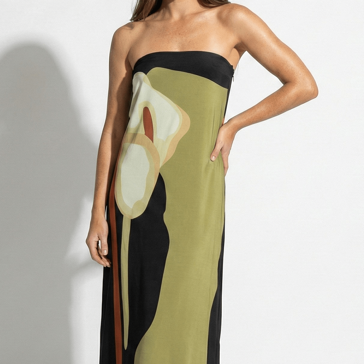 Jaime - Women's Strapless Maxi Dress with Abstract Floral Print - Dresses - Green - Taylor & Bennett