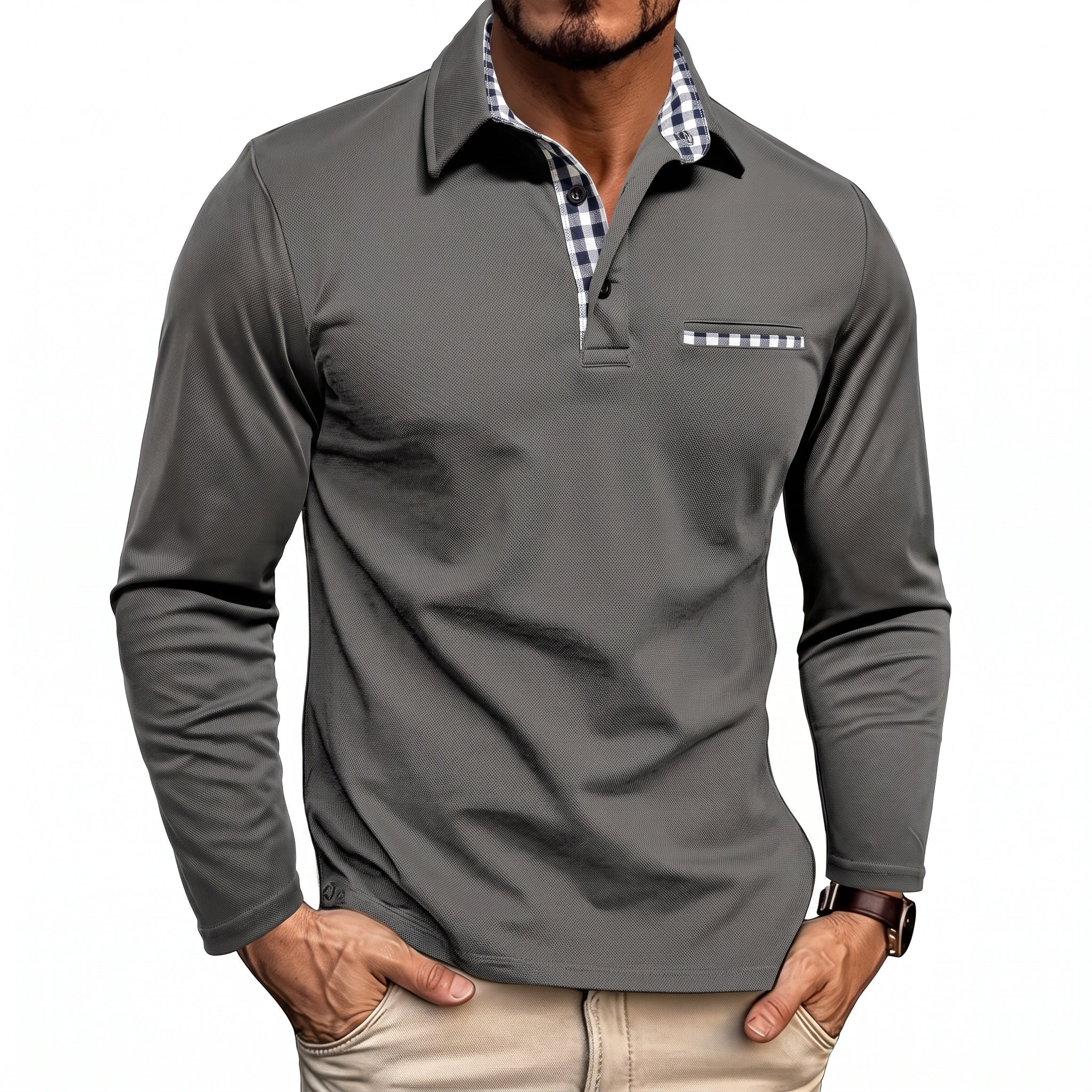 James - Men's Long Sleeve Polo Shirt with Checked Collar and Pocket Trim - Polos - Grey - Taylor & Bennett