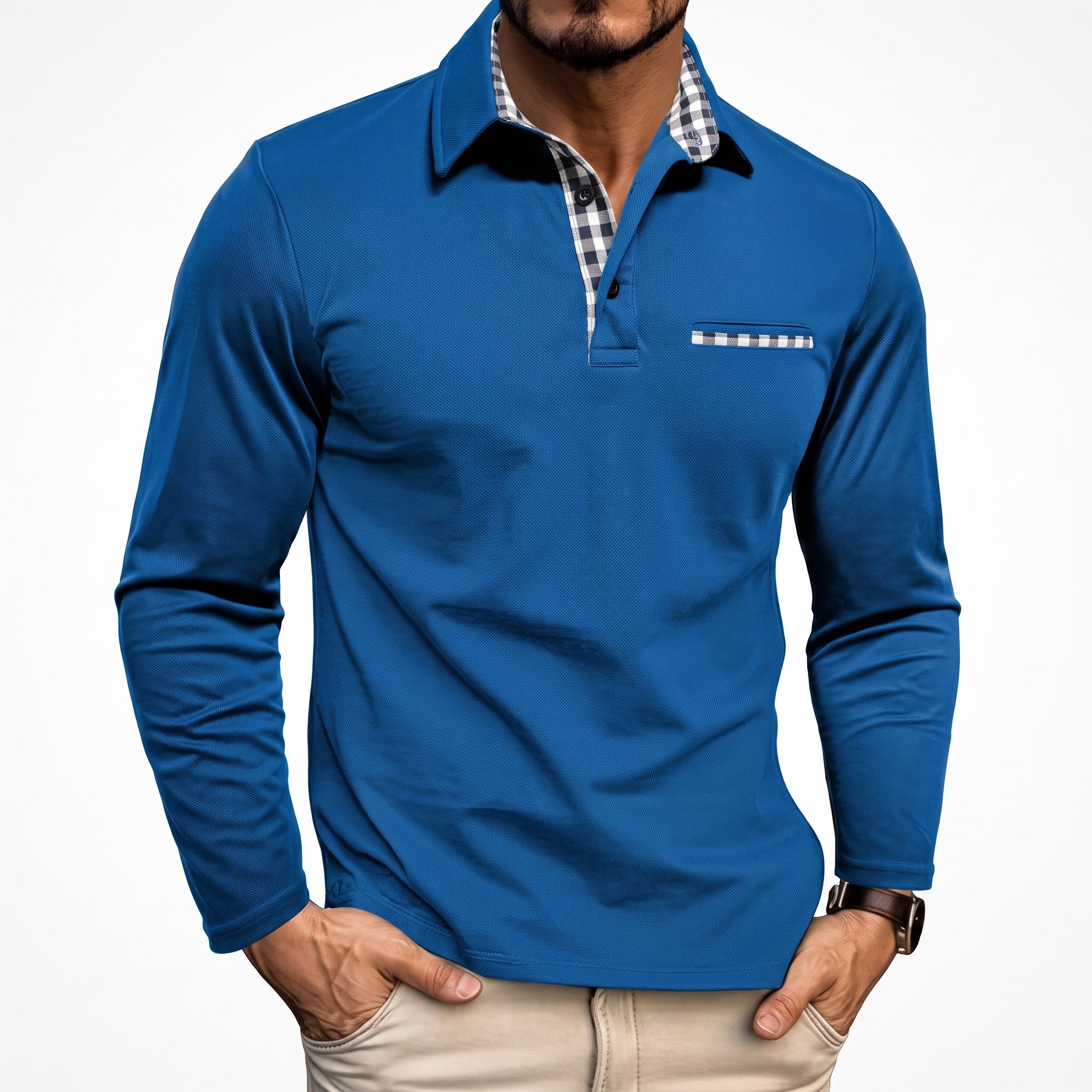 James - Men's Long Sleeve Polo Shirt with Checked Collar and Pocket Trim - Polos - Blue - Taylor & Bennett