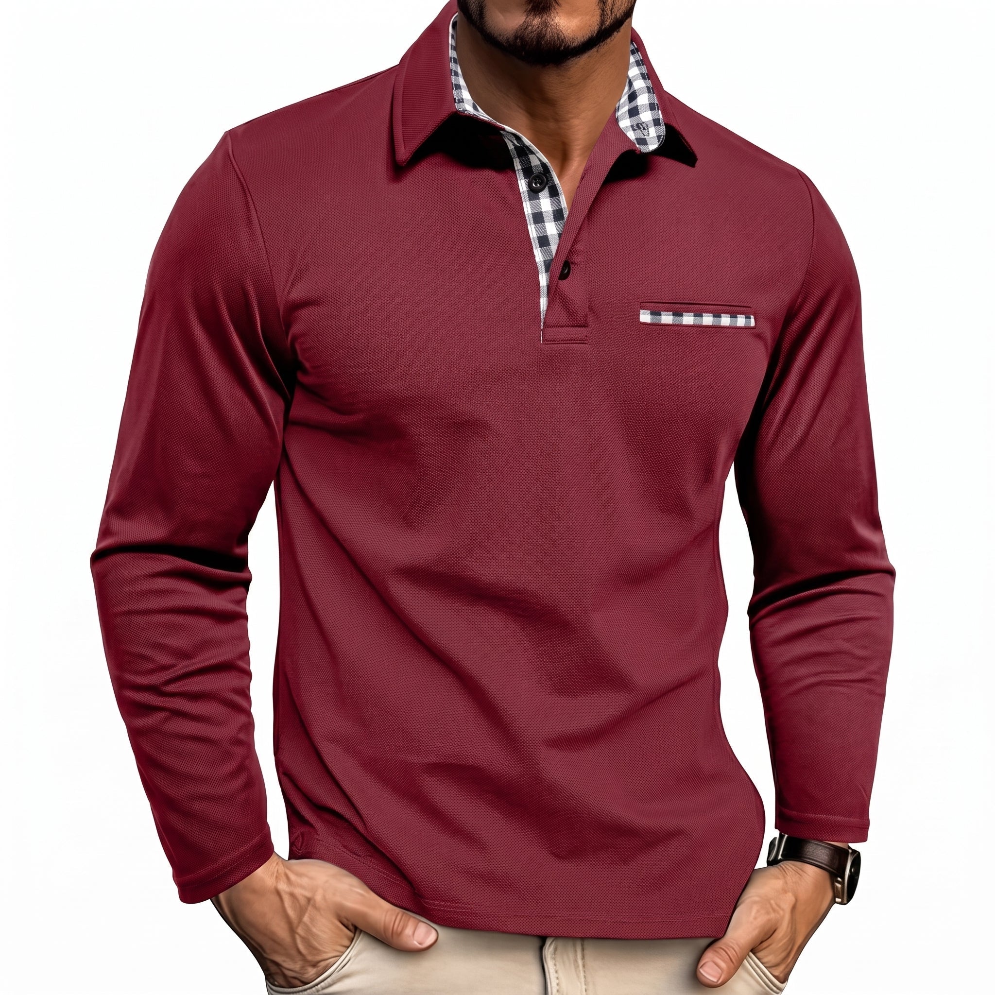 James - Men's Long Sleeve Polo Shirt with Checked Collar and Pocket Trim - Polos - Red - Taylor & Bennett