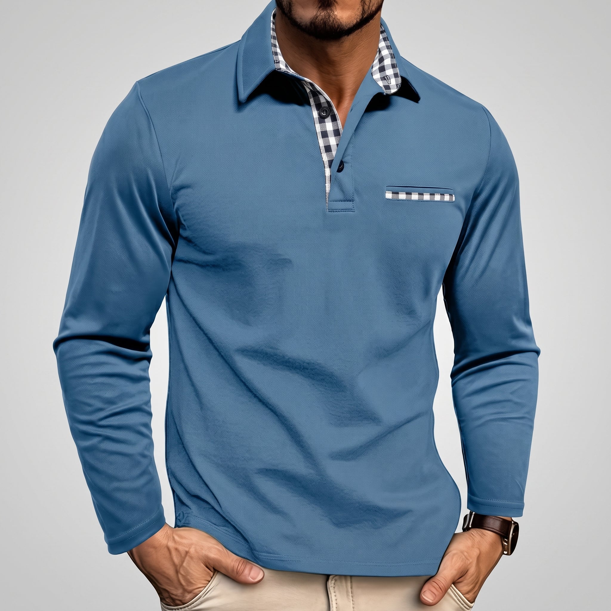 James - Men's Long Sleeve Polo Shirt with Checked Collar and Pocket Trim - Polos - Light Blue - Taylor & Bennett