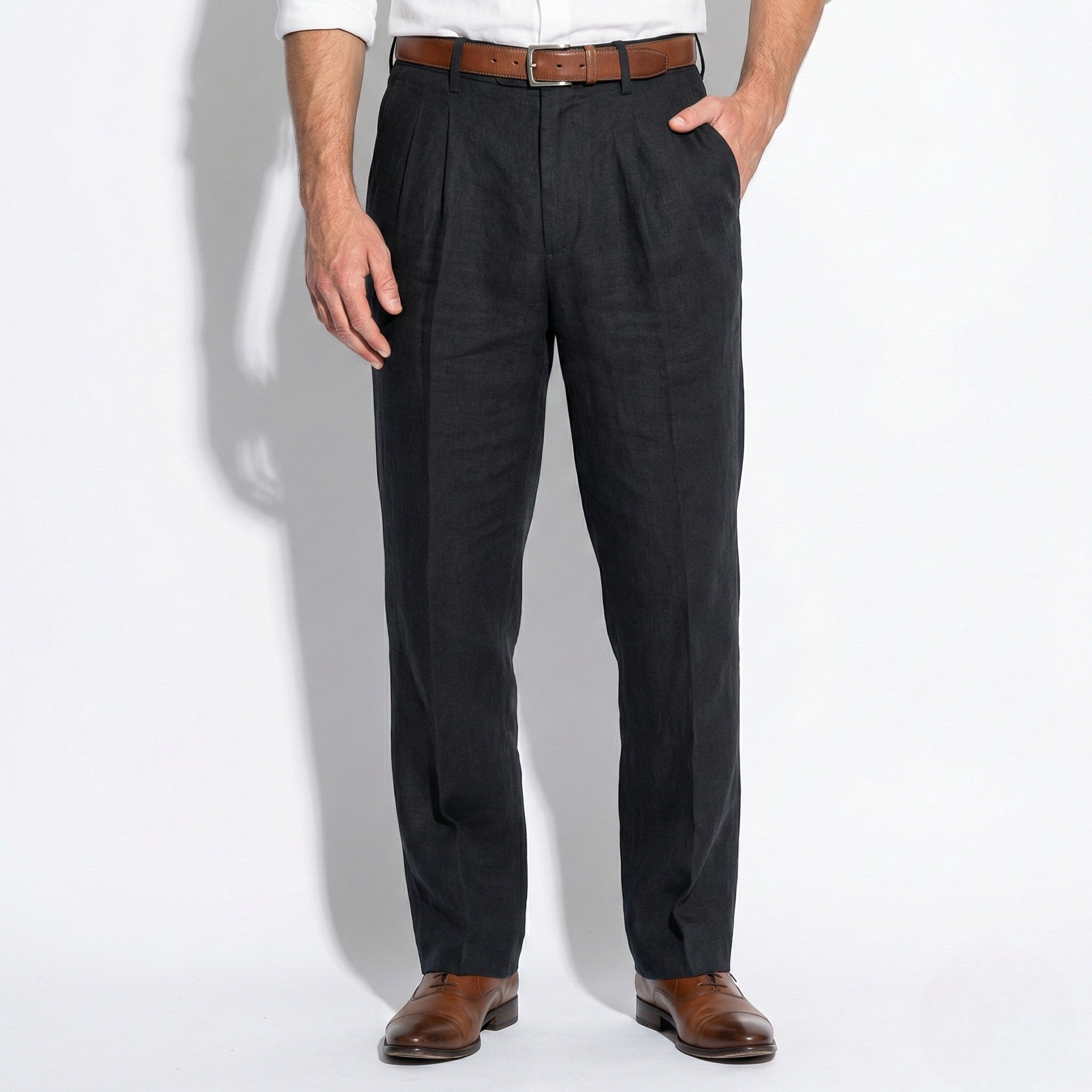 James - Men's Pinstripe Wide Leg Suit Trousers - Trouser - Black - Taylor & Bennett