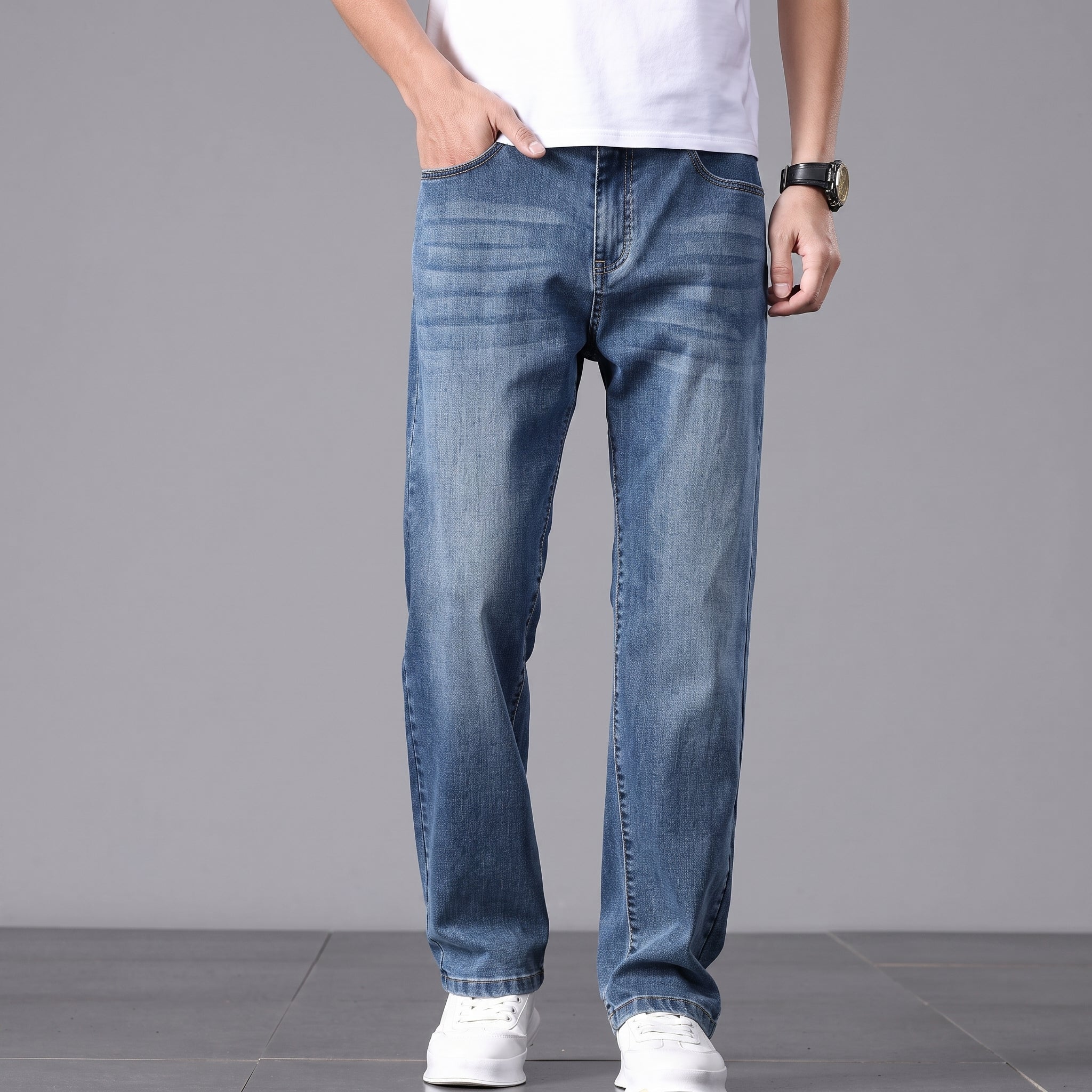 James - Men's Straight Leg Relaxed Fit Jeans with Washed Finish - Jeans - Navy Blue - Taylor & Bennett