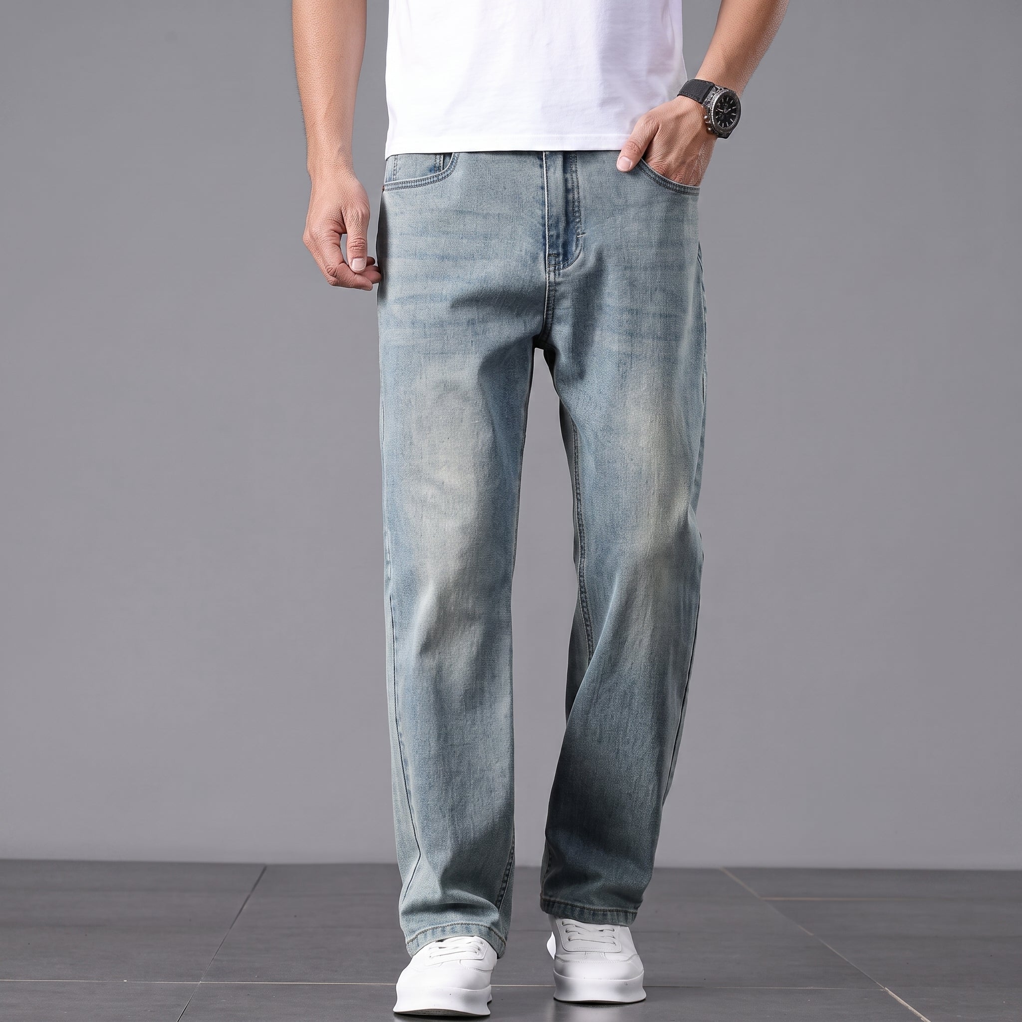 James - Men's Straight Leg Relaxed Fit Jeans with Washed Finish - Jeans - Light Blue - Taylor & Bennett