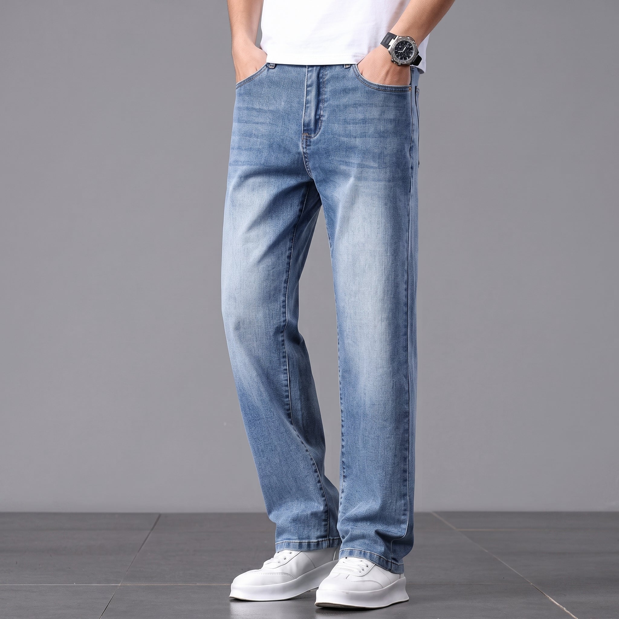 James - Men's Straight Leg Relaxed Fit Jeans with Washed Finish - Jeans - Blue - Taylor & Bennett