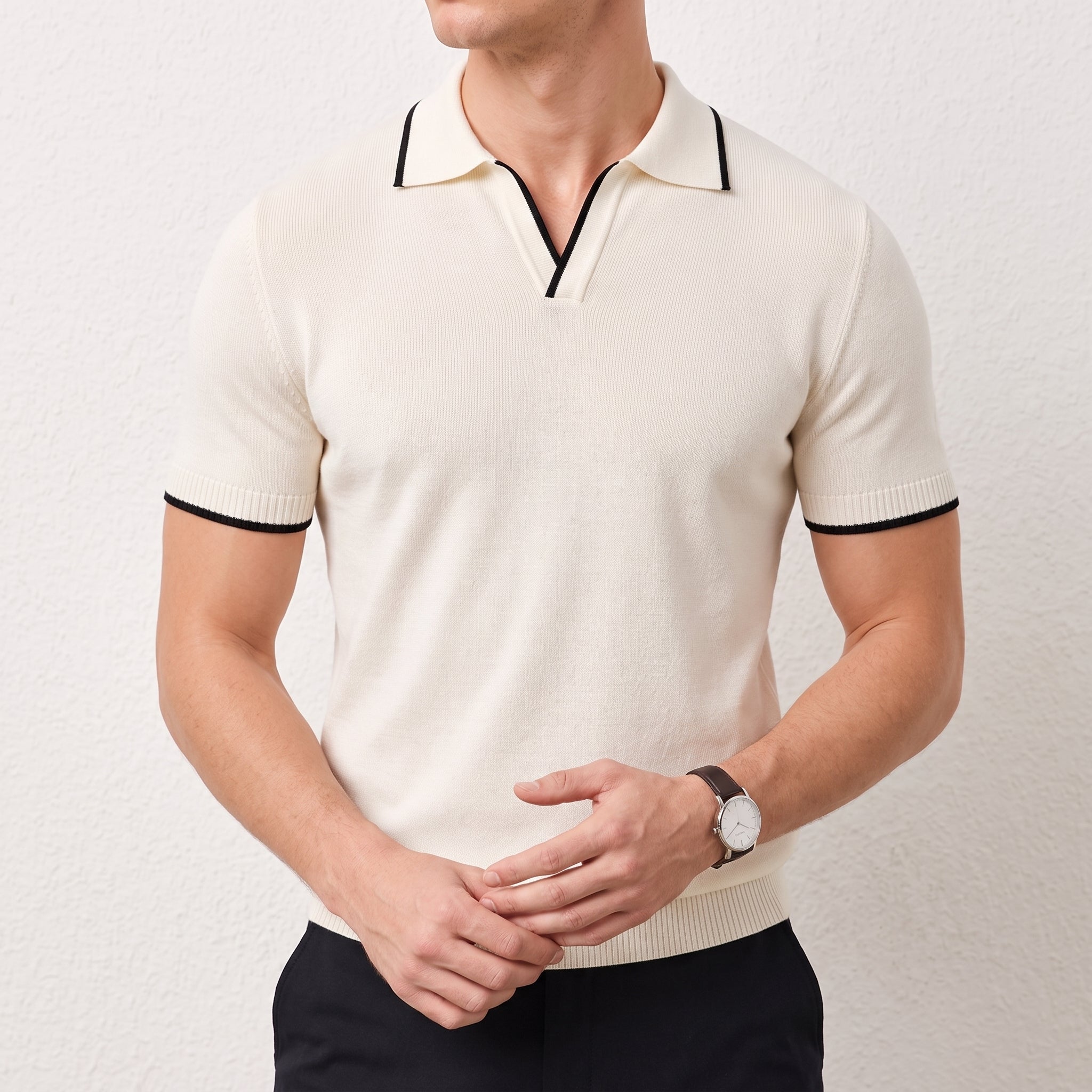 James - Men's Summer Contrast Tipped Collar Polo Shirt - Polos - Beige - Taylor & Bennett
