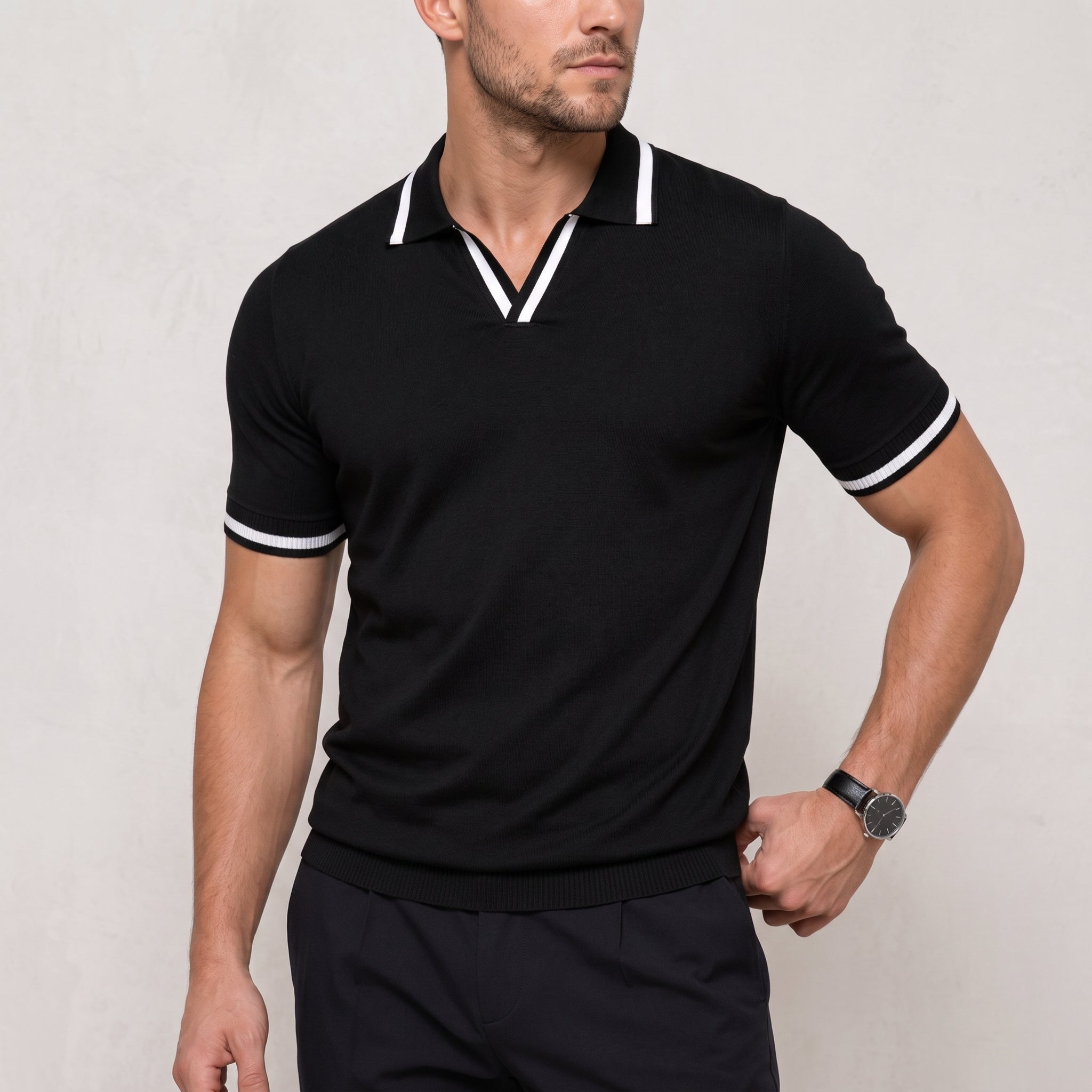 James - Men's Summer Contrast Tipped Collar Polo Shirt - Polos - Black - Taylor & Bennett