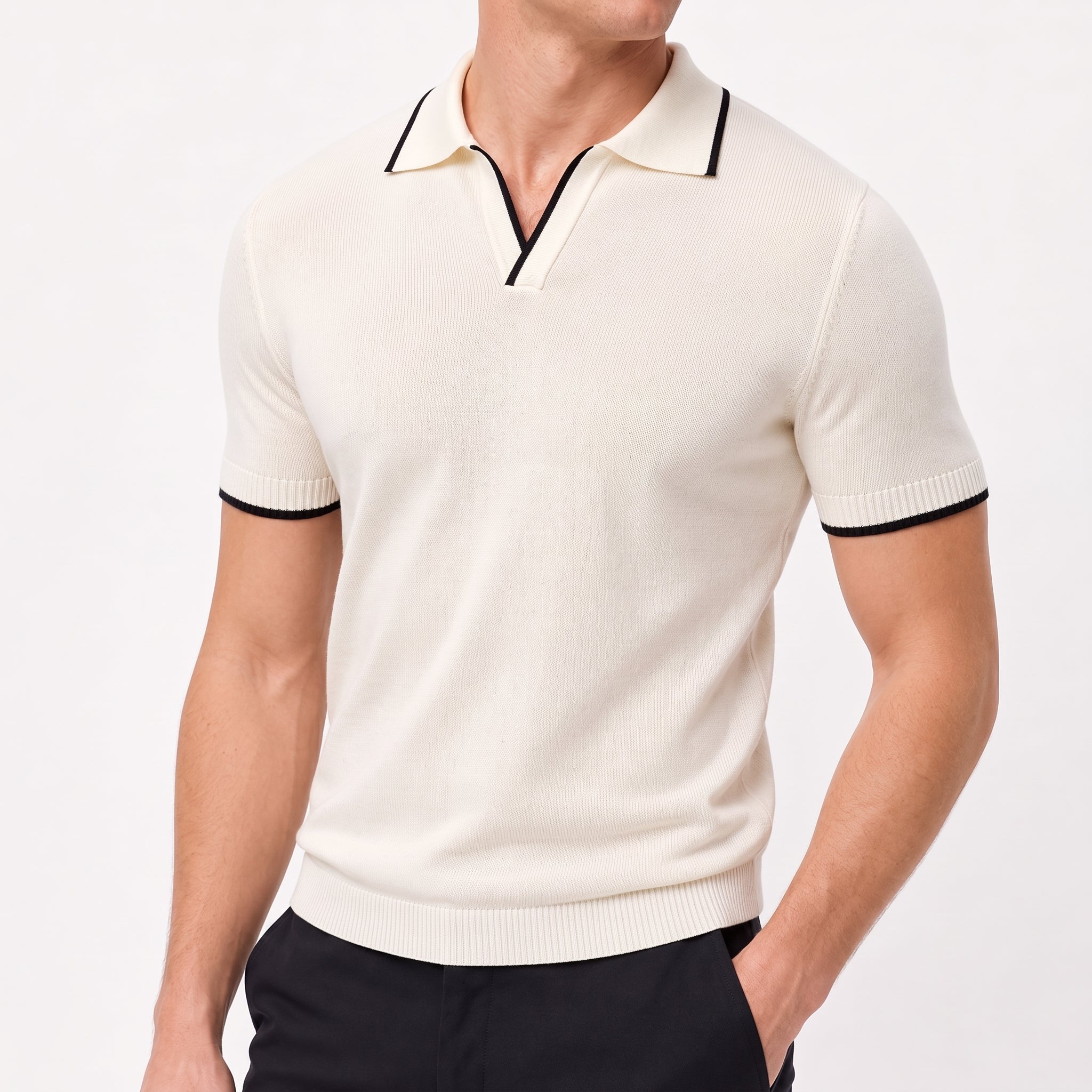 James - Men's Summer Contrast Tipped Collar Polo Shirt - Polos - Beige - Taylor & Bennett