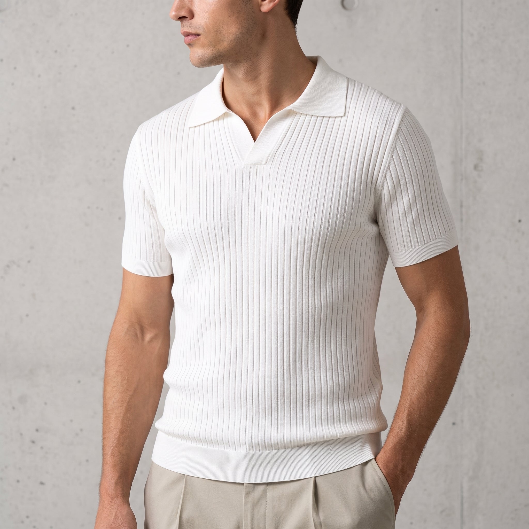 James - Men's Summer Ribbed Collar Short Sleeve Polo Shirt - Polos - White - Taylor & Bennett