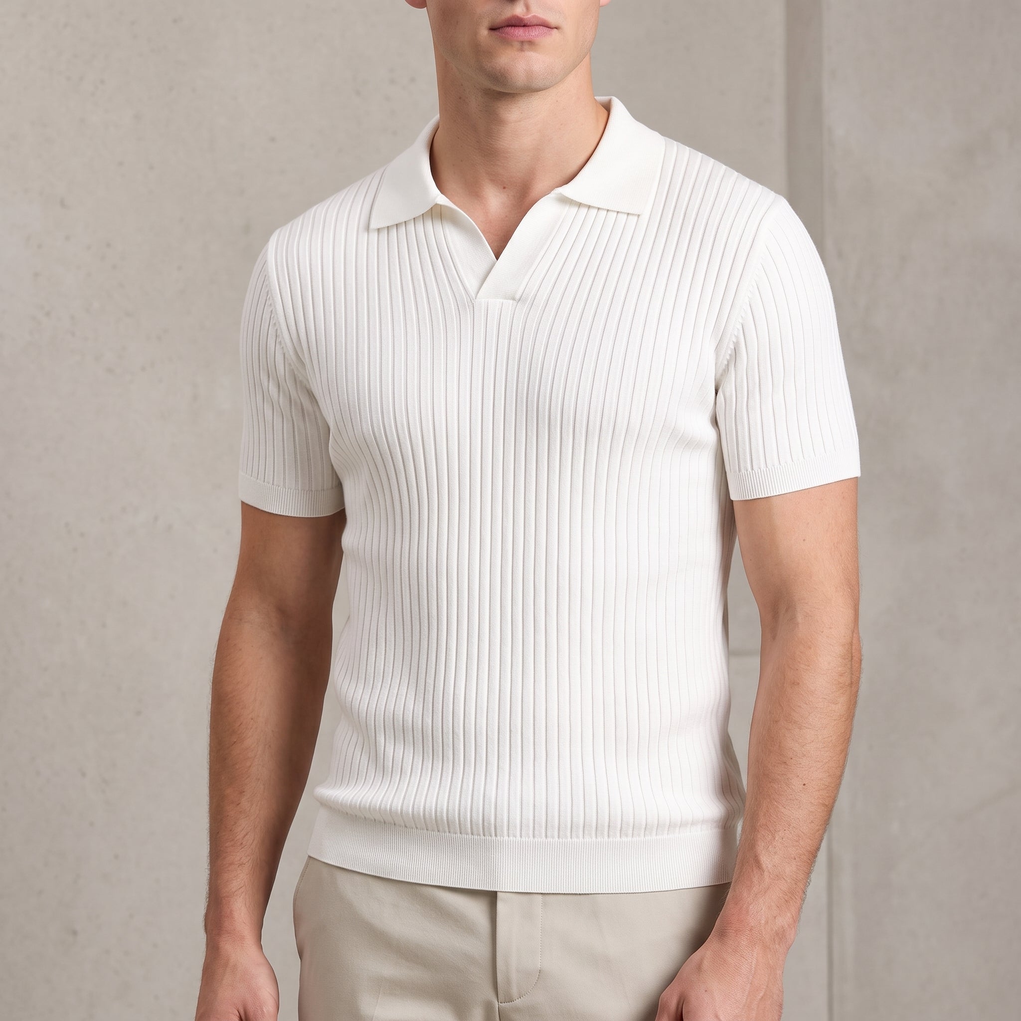 James - Men's Summer Ribbed Collar Short Sleeve Polo Shirt - Polos - White - Taylor & Bennett