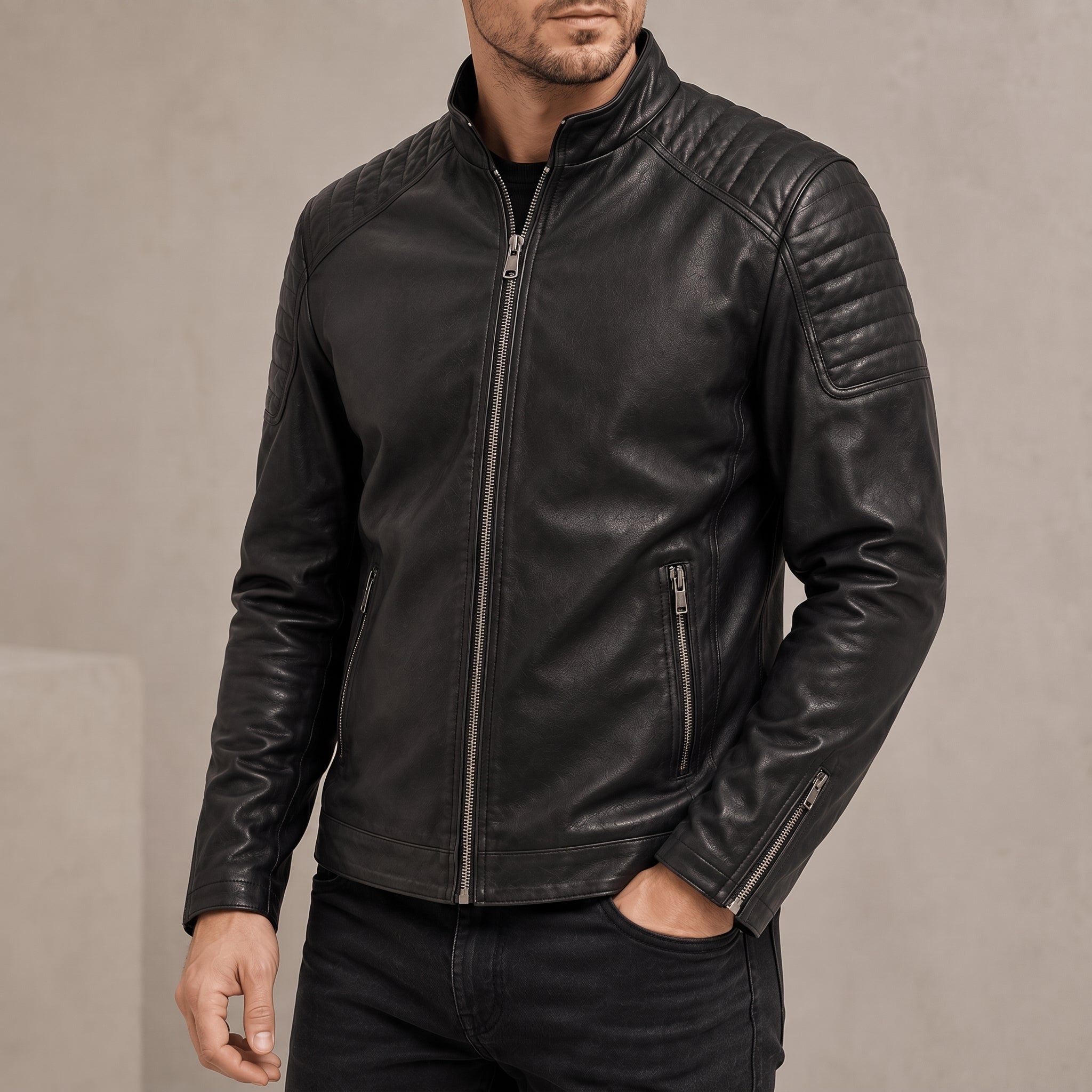 James - Men's Zip-Up Transitional Jacket with Quilted Shoulders - Coats & Jackets - Black - Taylor & Bennett