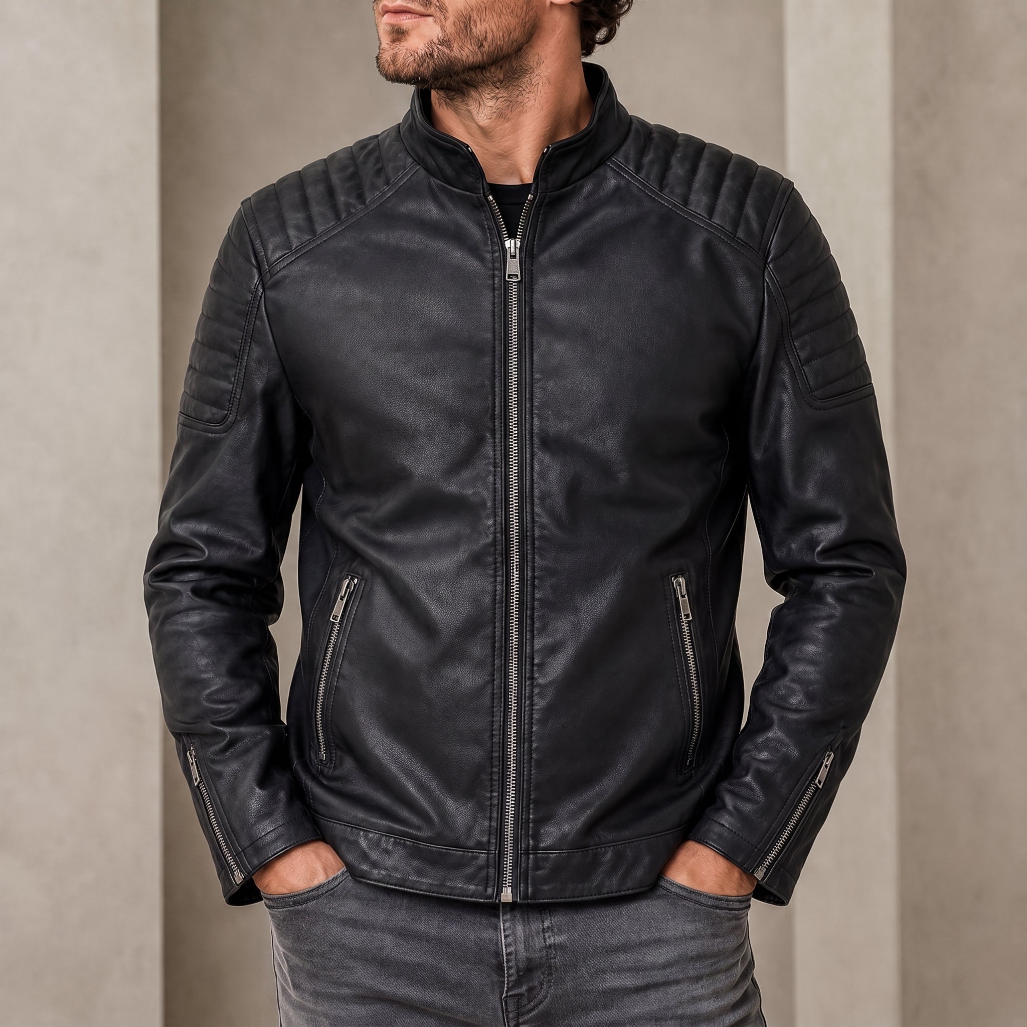 James - Men's Zip-Up Transitional Jacket with Quilted Shoulders - Coats & Jackets - Black - Taylor & Bennett