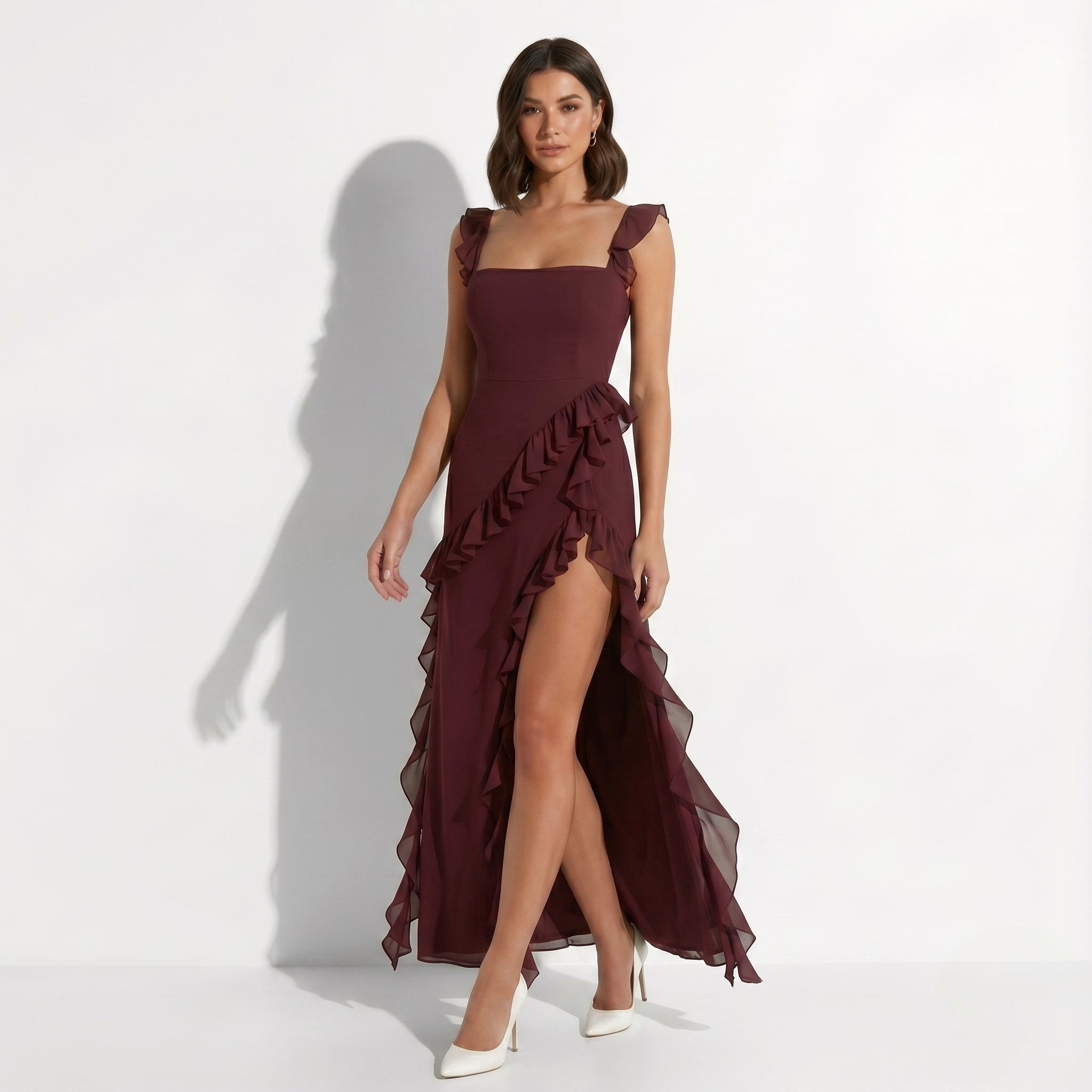Jasmine - Women's Elegant Ruffle Maxi Dress - Dresses - Burgundy - Taylor & Bennett