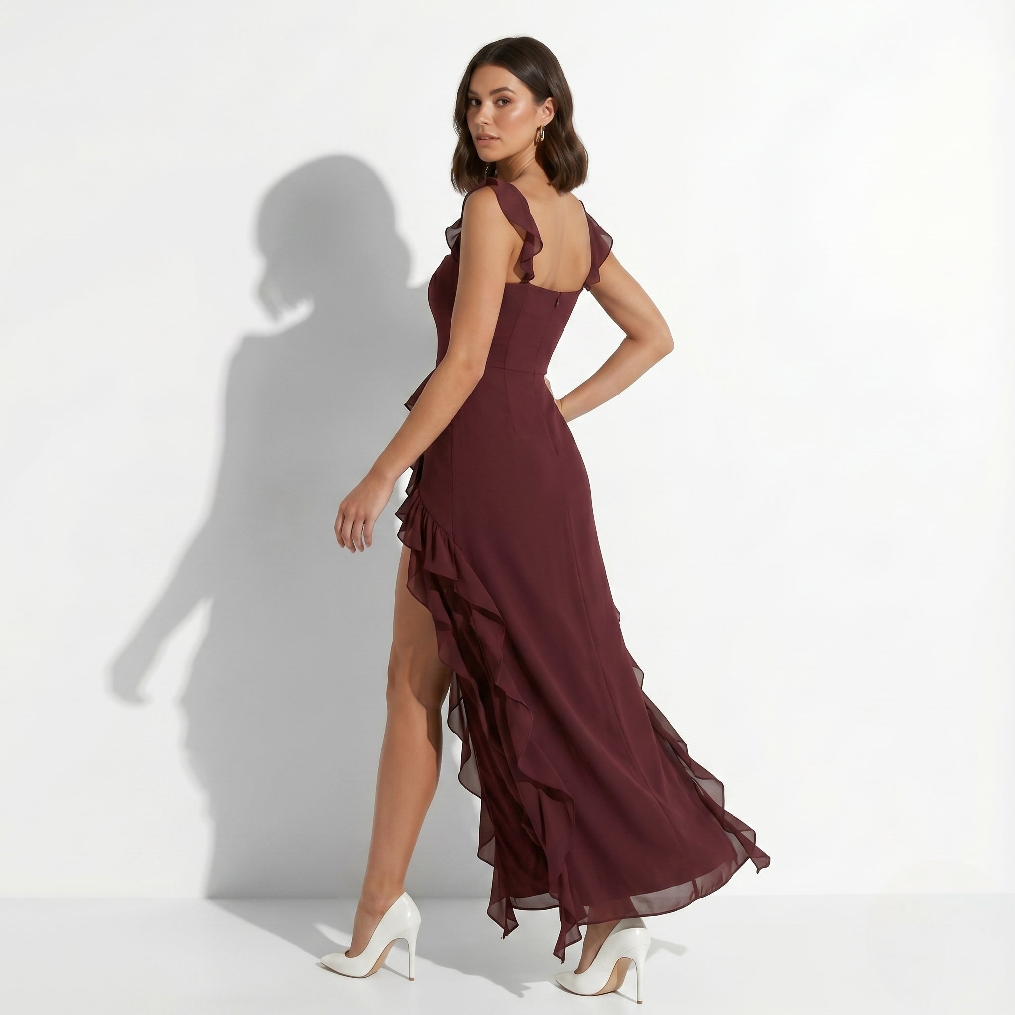 Jasmine - Women's Elegant Ruffle Maxi Dress - Dresses - Burgundy - Taylor & Bennett