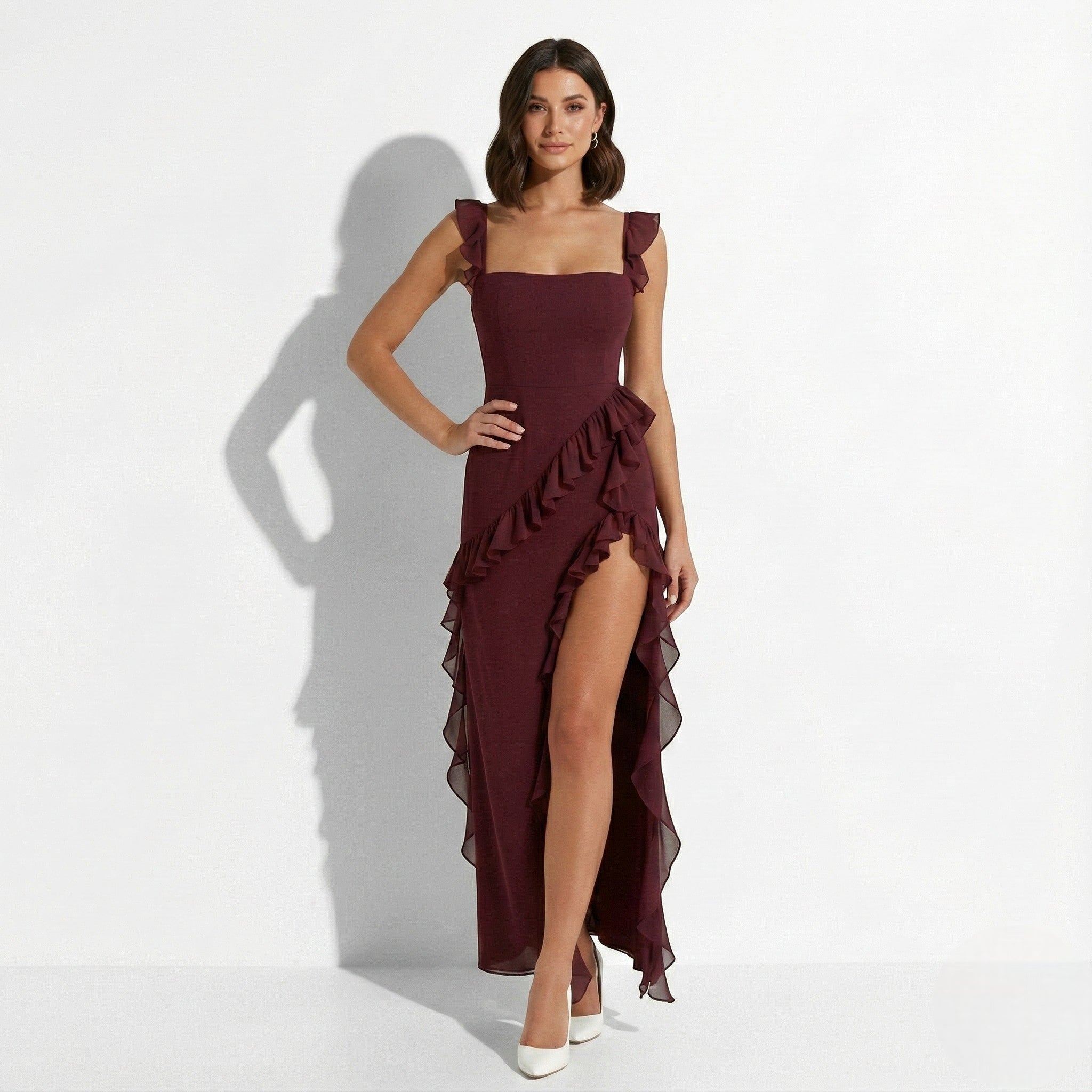 Jasmine - Women's Ruffled High - Slit Maxi Dress - Dresses - Burgundy - Taylor & Bennett