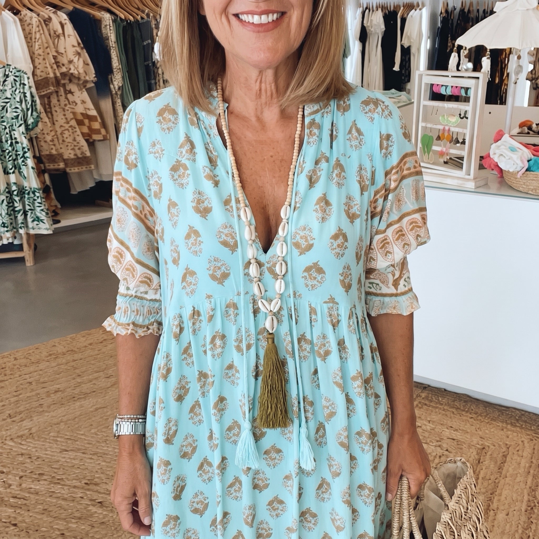 Jasmine - Women's Summer Boho Floral Tassel Tie Maxi Dress - Maxi Dress - Blue - Taylor & Bennett