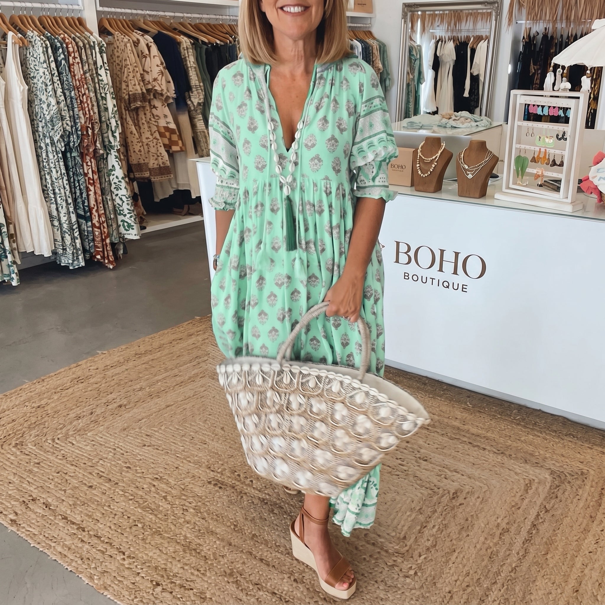 Jasmine - Women's Summer Boho Floral Tassel Tie Maxi Dress - Maxi Dress - Green - Taylor & Bennett