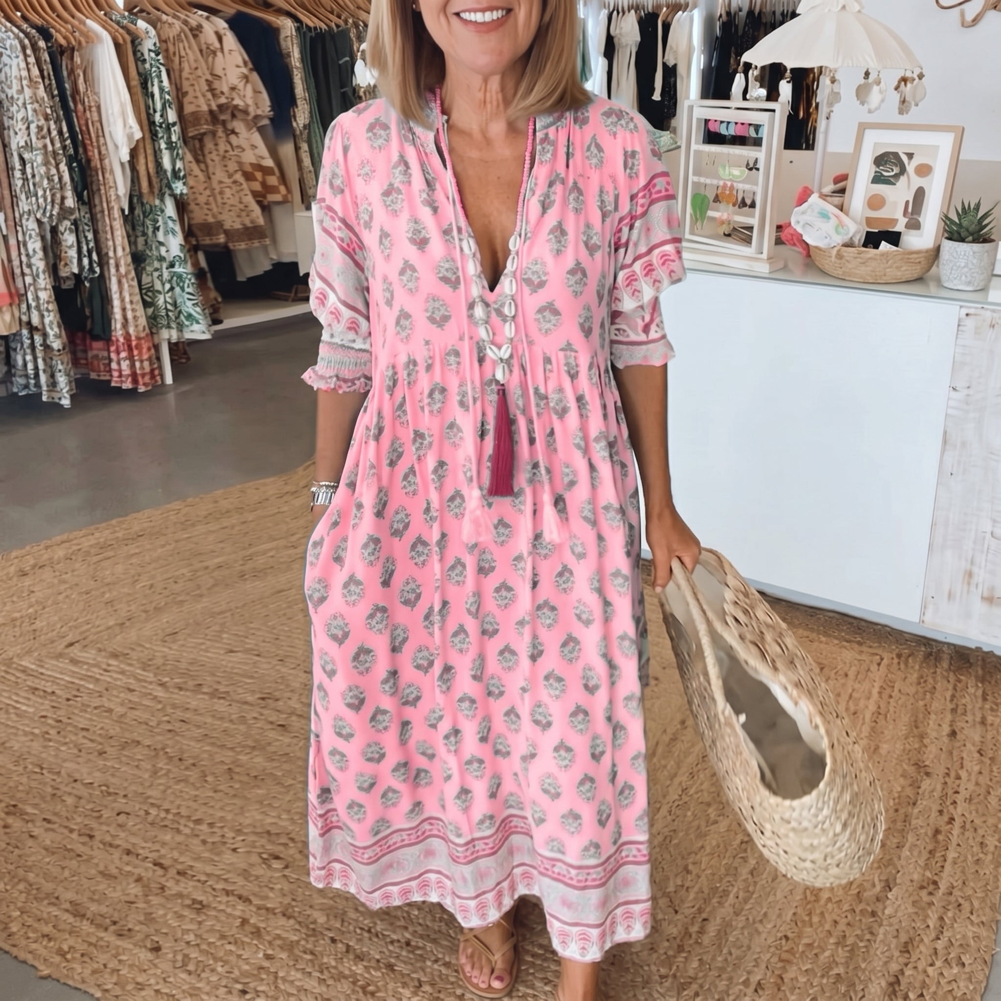 Jasmine - Women's Summer Boho Floral Tassel Tie Maxi Dress - Maxi Dress - Pink - Taylor & Bennett