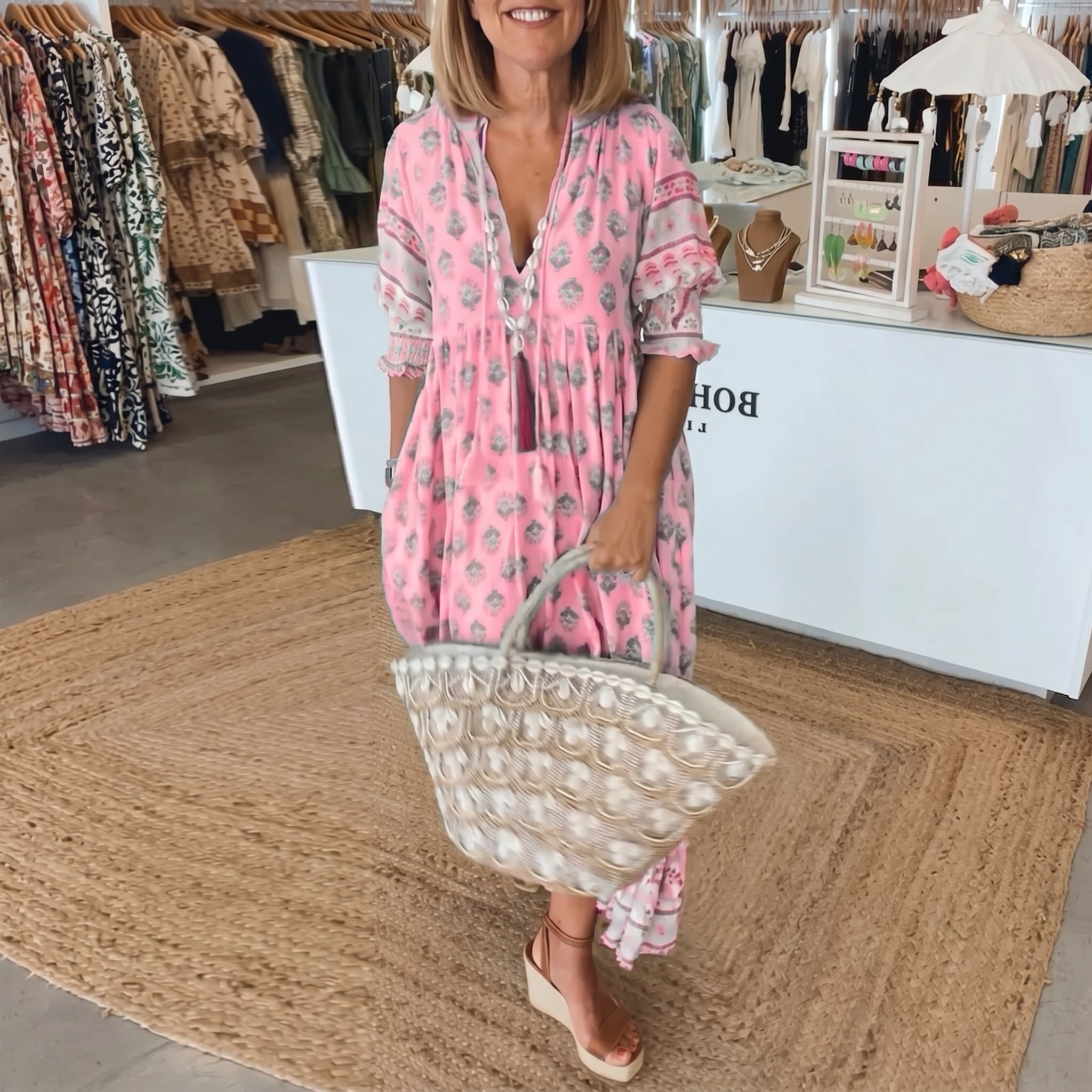 Jasmine - Women's Summer Boho Floral Tassel Tie Maxi Dress - Maxi Dress - Pink - Taylor & Bennett