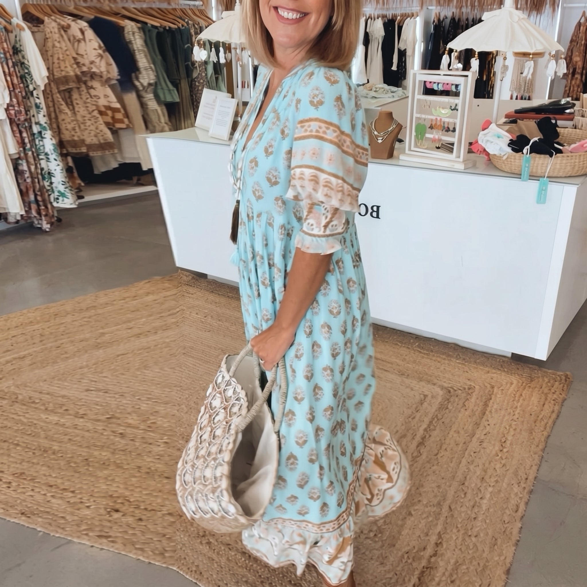 Jasmine - Women's Summer Boho Floral Tassel Tie Maxi Dress - Maxi Dress - Blue - Taylor & Bennett