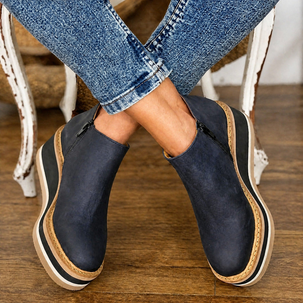 Jeanne - Women's Orthopaedic Wedge Ankle Boots with Zip Closure - Boots - Blue - Taylor & Bennett