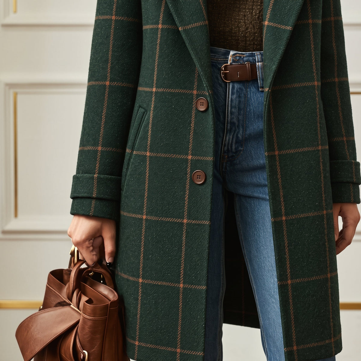 Jennifer - Women's Checked Wool-Look Overcoat with Lapel Collar - Overcoats - Dark Green - Taylor & Bennett