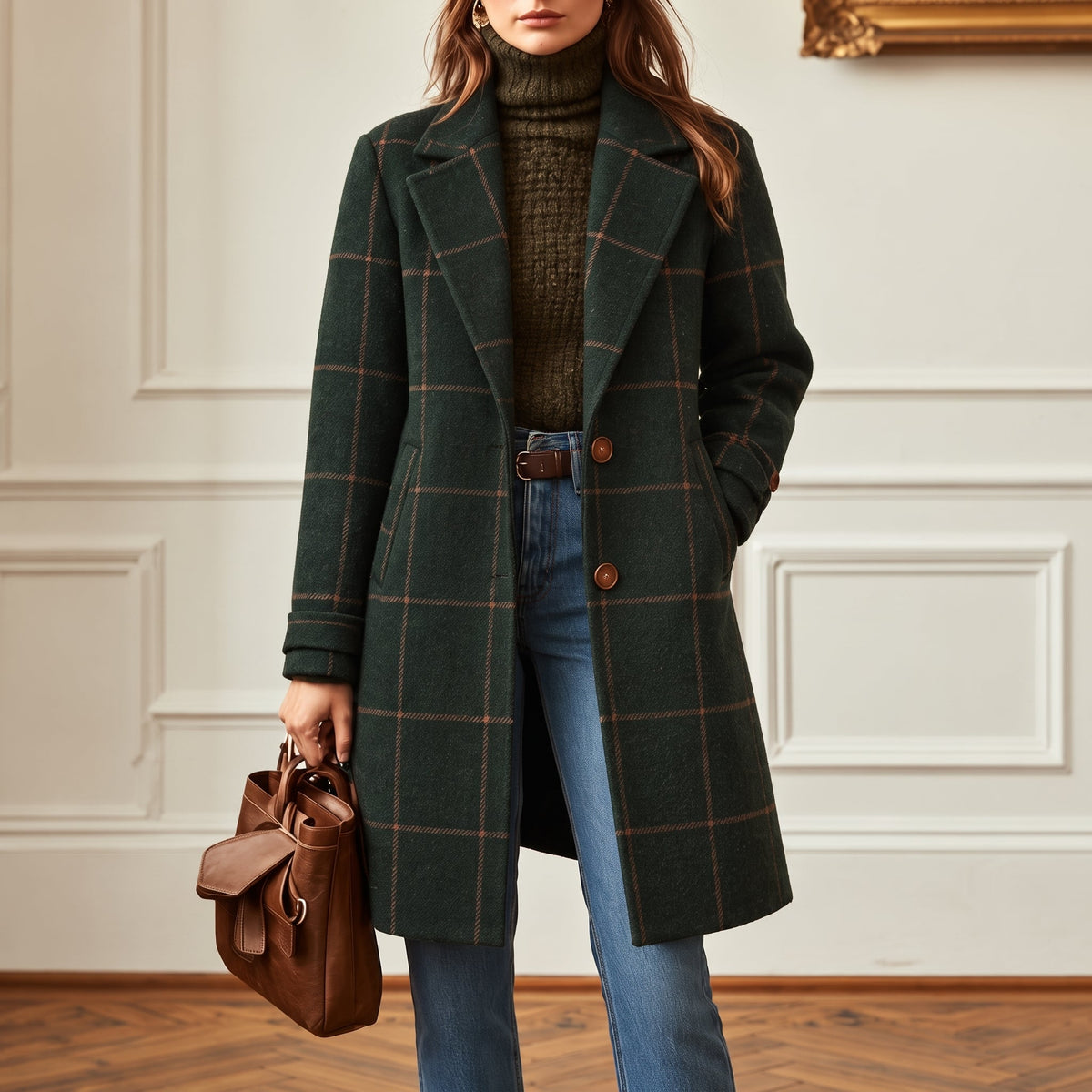 Jennifer - Women's Checked Wool-Look Overcoat with Lapel Collar - Overcoats - Dark Green - Taylor & Bennett