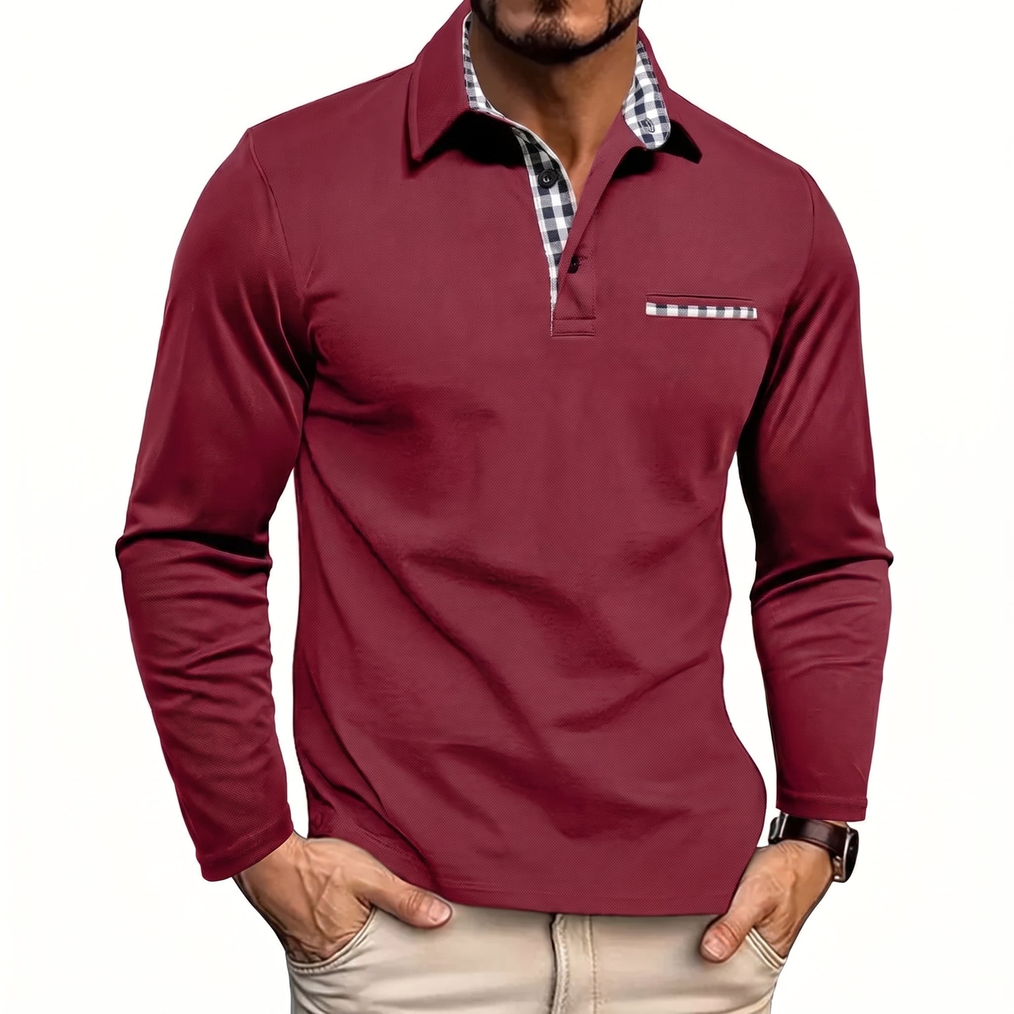 Johann - Men's Long Sleeve Polo Shirt with Contrast Check Collar - Polos - Red - Taylor & Bennett