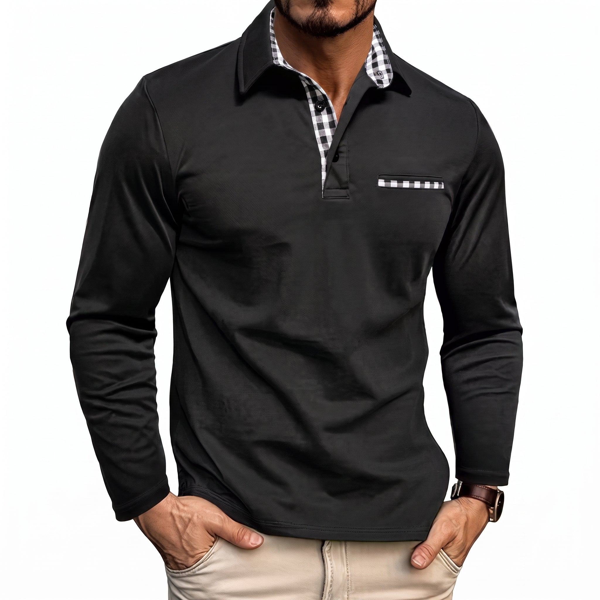 Johann - Men's Long Sleeve Polo Shirt with Contrast Check Collar - Polos - Black - Taylor & Bennett