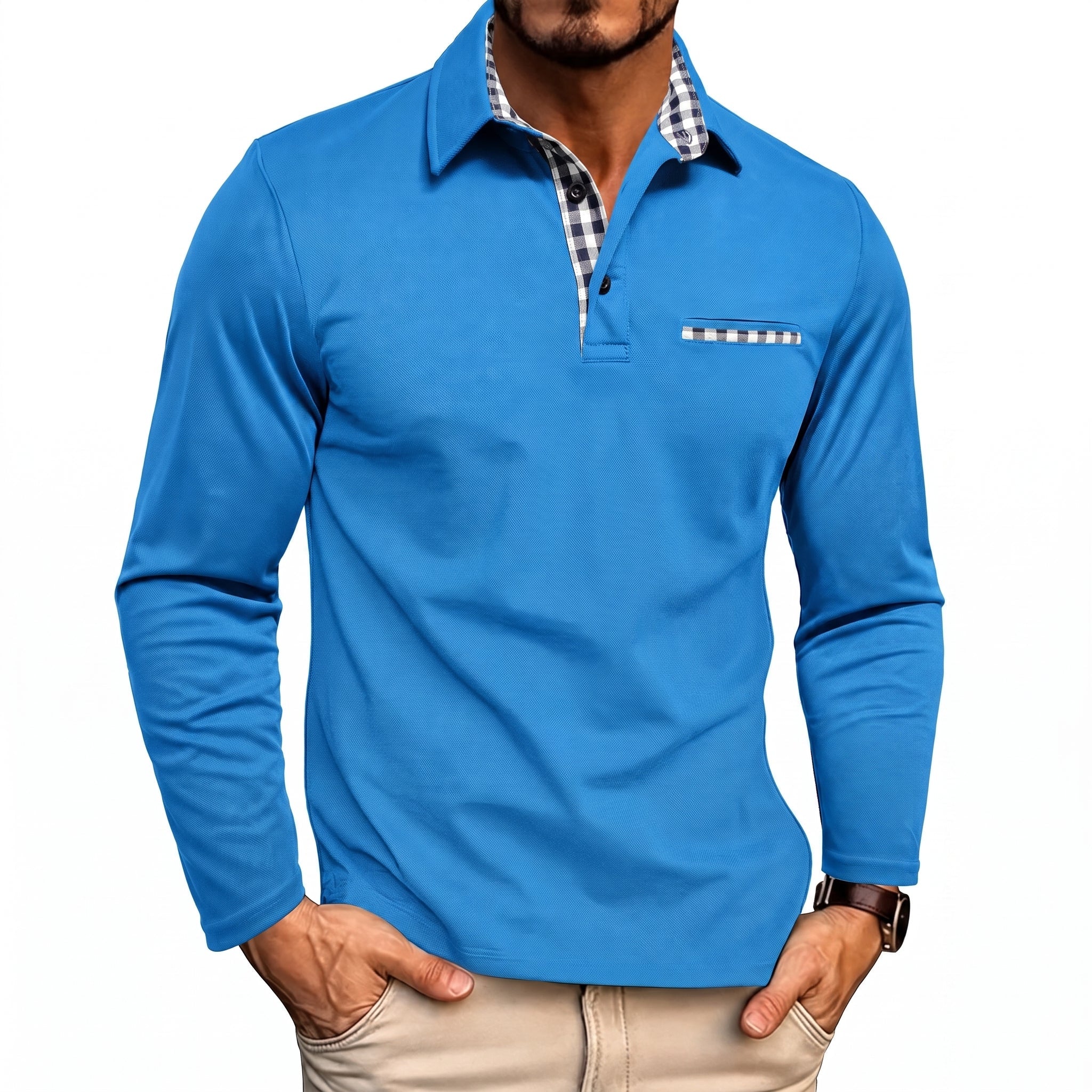 Johann - Men's Long Sleeve Polo Shirt with Contrast Check Collar - Polos - Blue - Taylor & Bennett