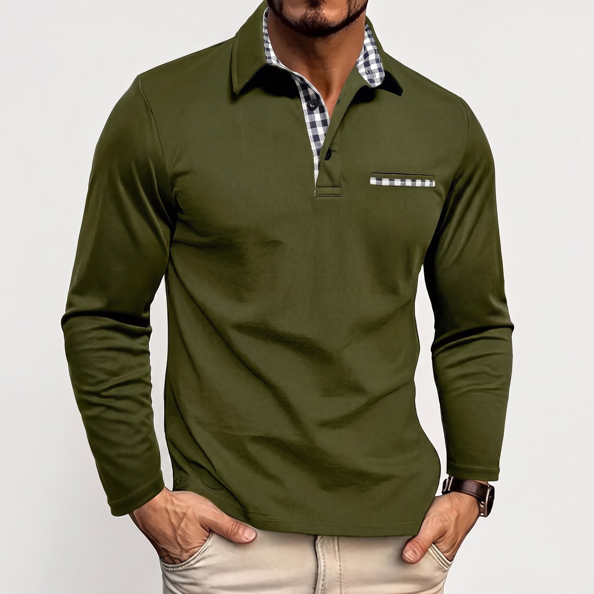 Johann - Men's Long Sleeve Polo Shirt with Contrast Check Collar - Polos - Green - Taylor & Bennett