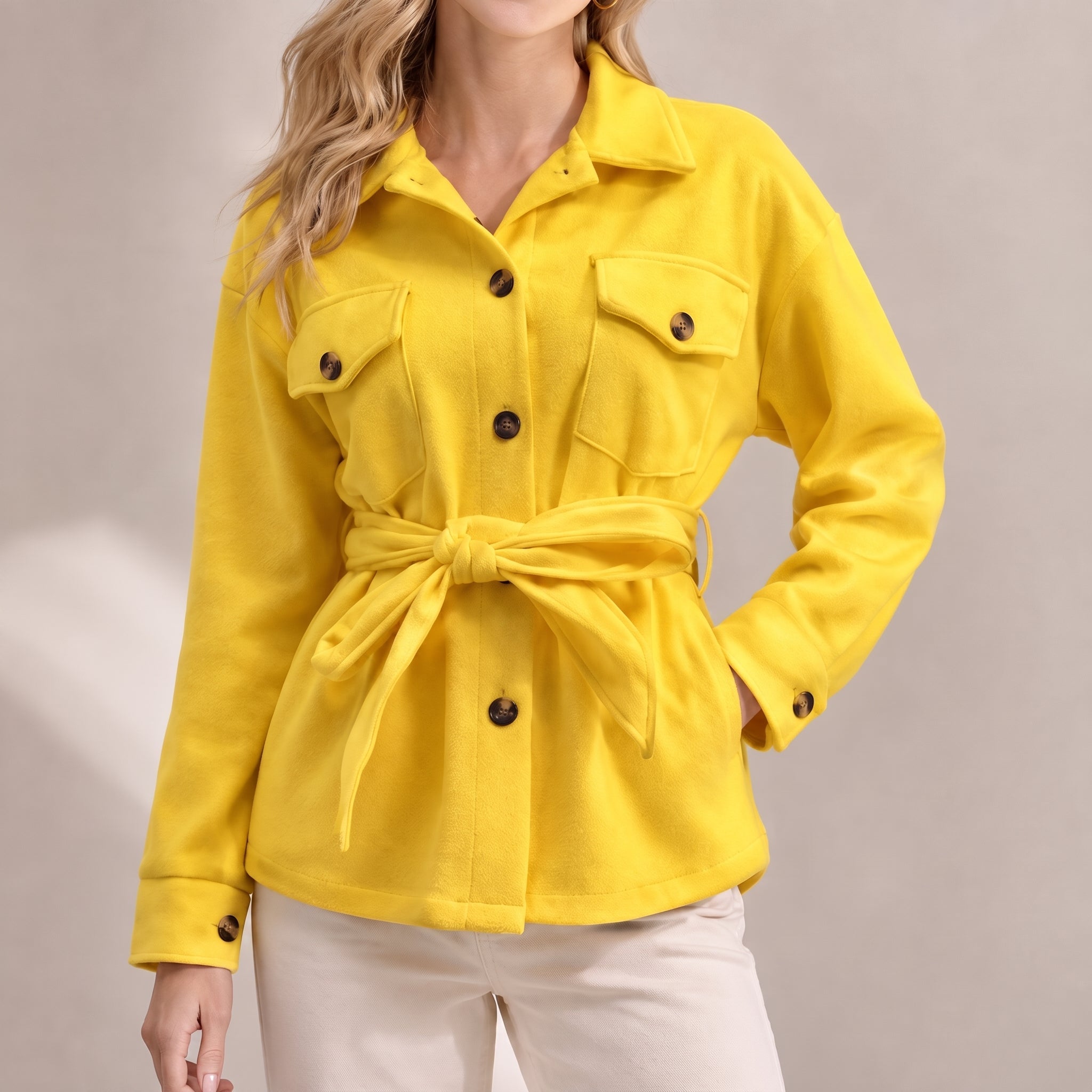 Johanna - Women's Belted Shirt Jacket with Chest Pockets - Jackets - Yellow - Taylor & Bennett