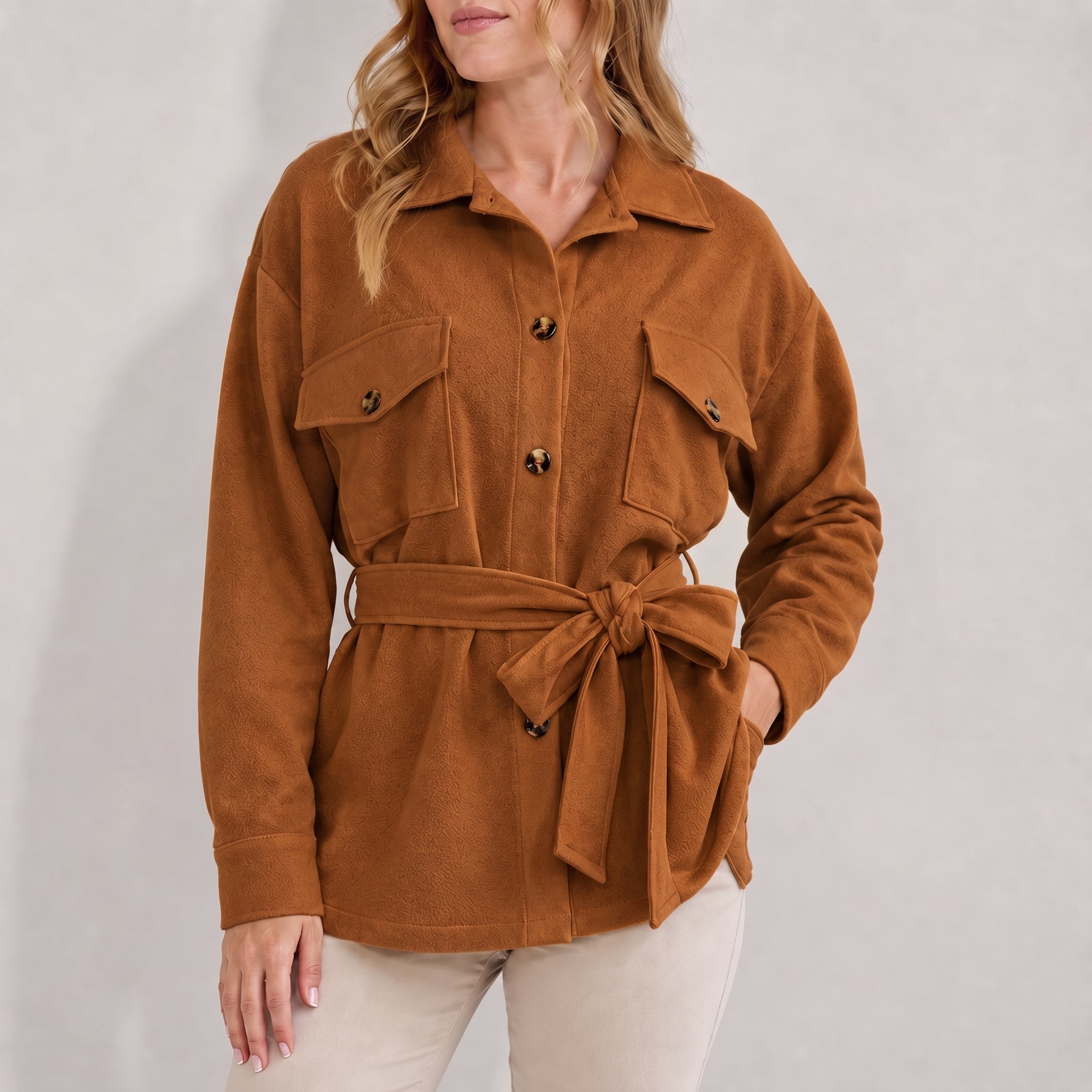 Johanna - Women's Belted Shirt Jacket with Chest Pockets - Jackets - Brown - Taylor & Bennett