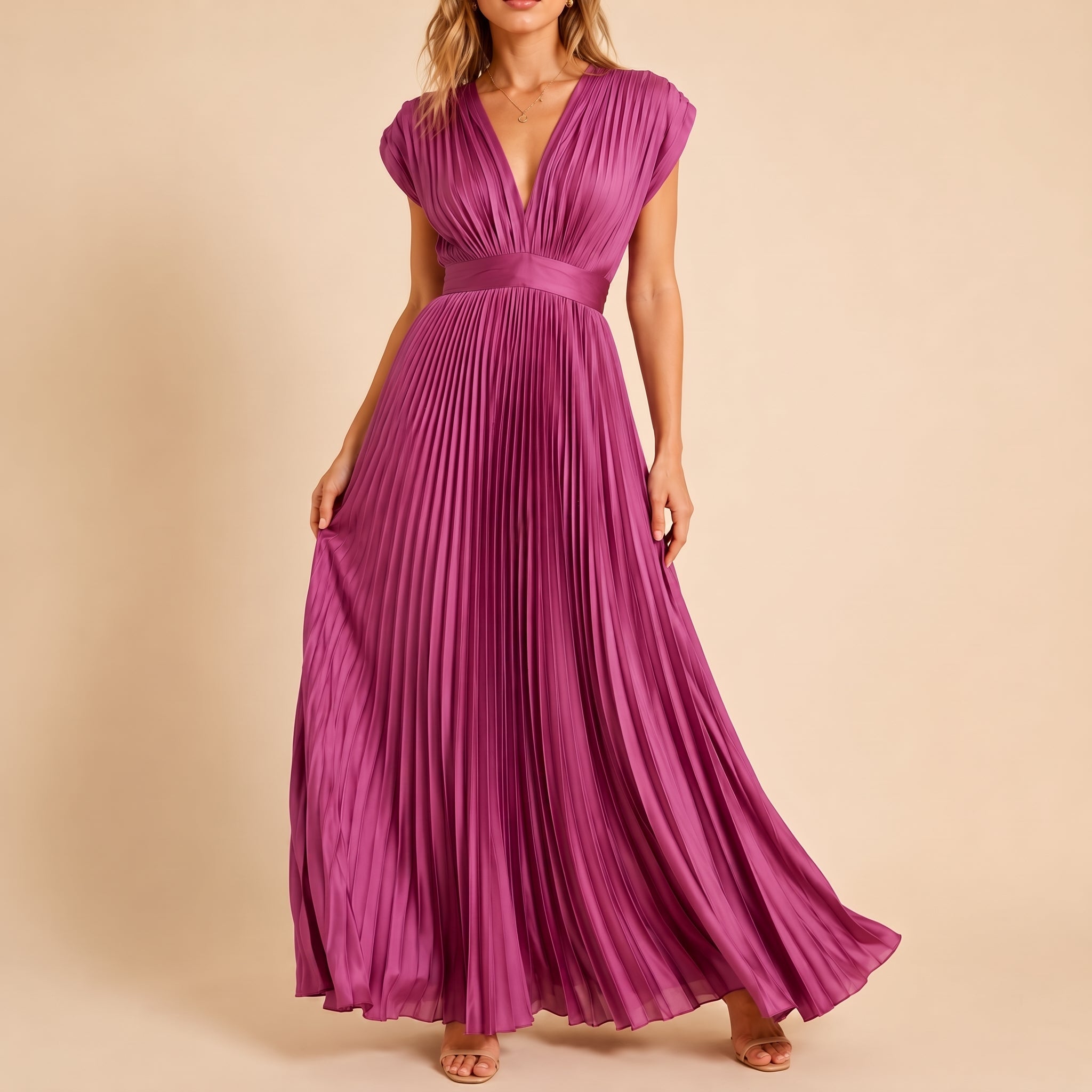 Johanna – Women's Evening Batwing Sleeve Pleated Maxi Dress - Dresses - Fuchsia - Taylor & Bennett