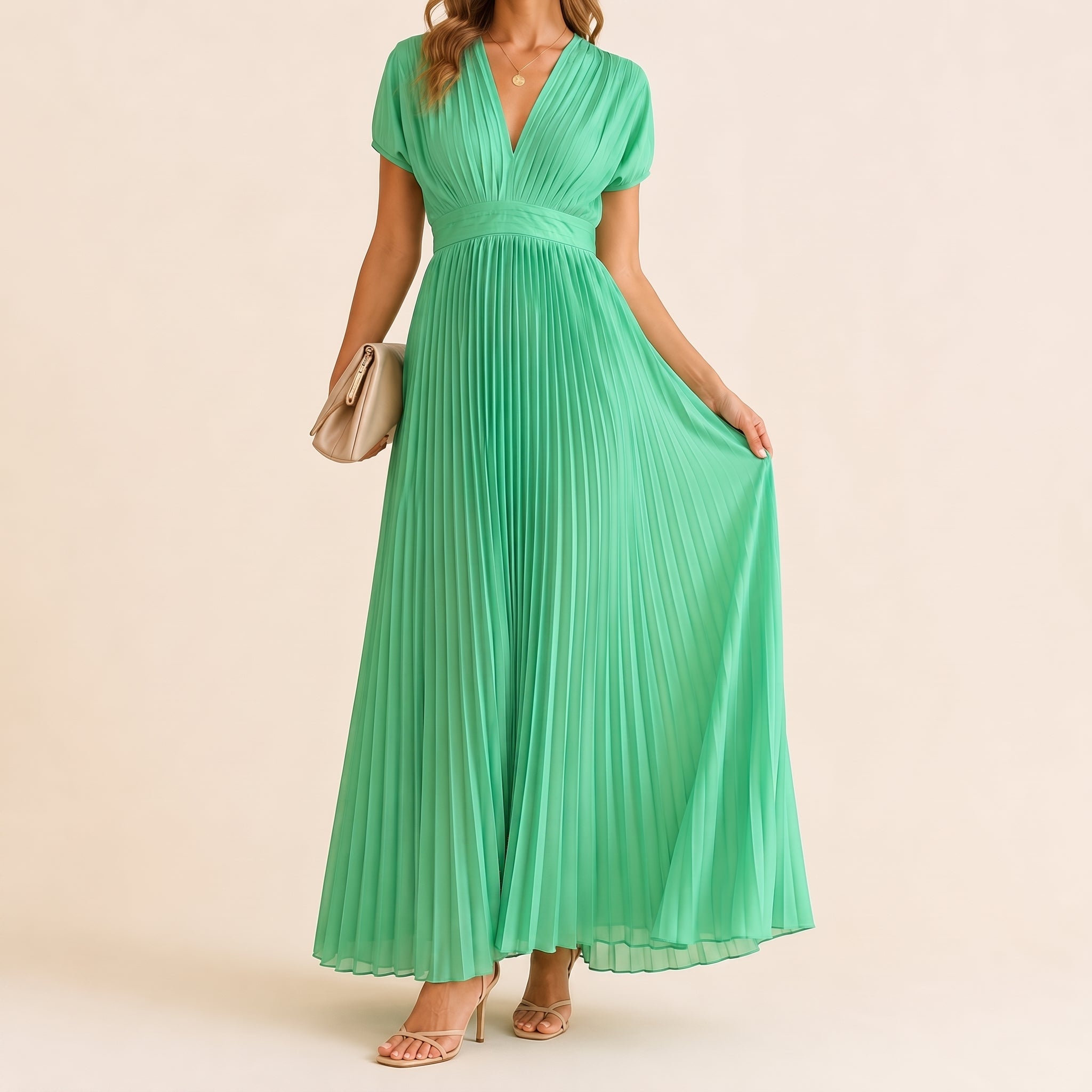 Johanna – Women's Evening Batwing Sleeve Pleated Maxi Dress - Dresses - Green - Taylor & Bennett