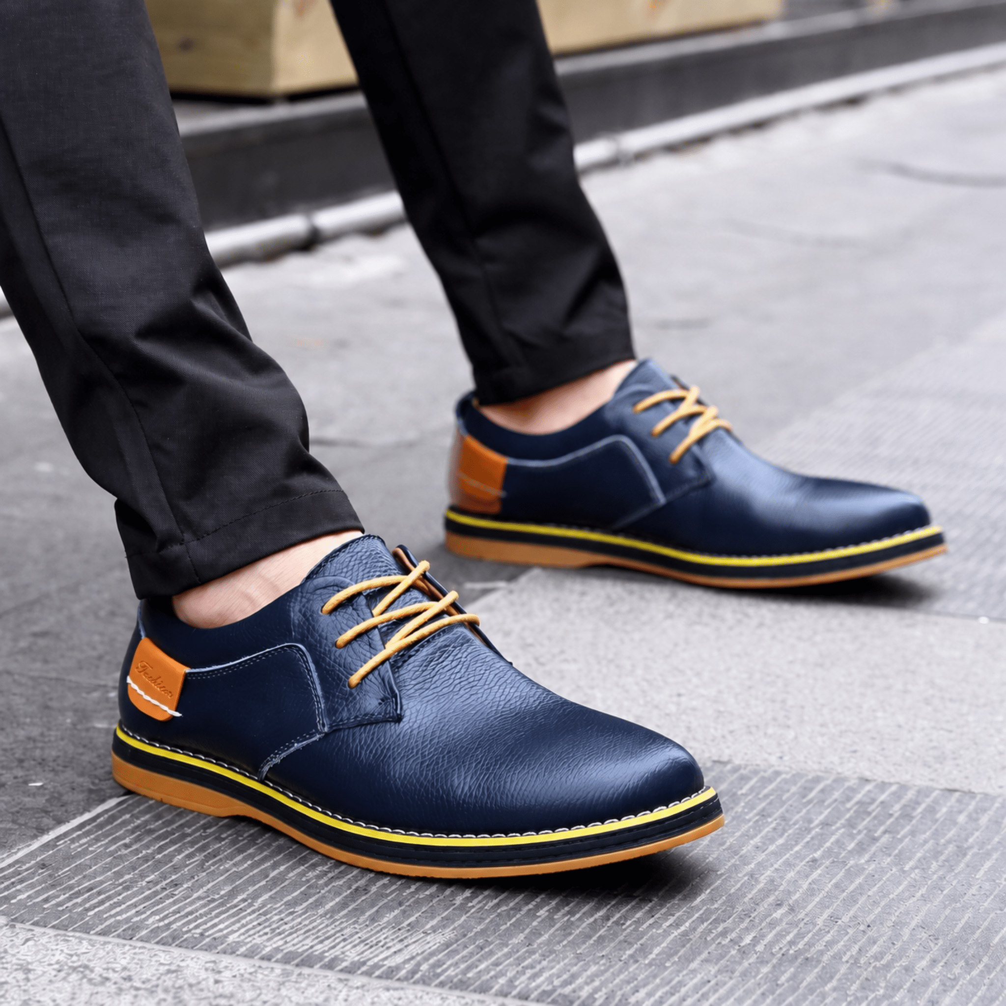 Jonas - Men's Casual Plain Contrast Tan Trim Derby Shoes - Shoes - Dark Blue - Taylor & Bennett