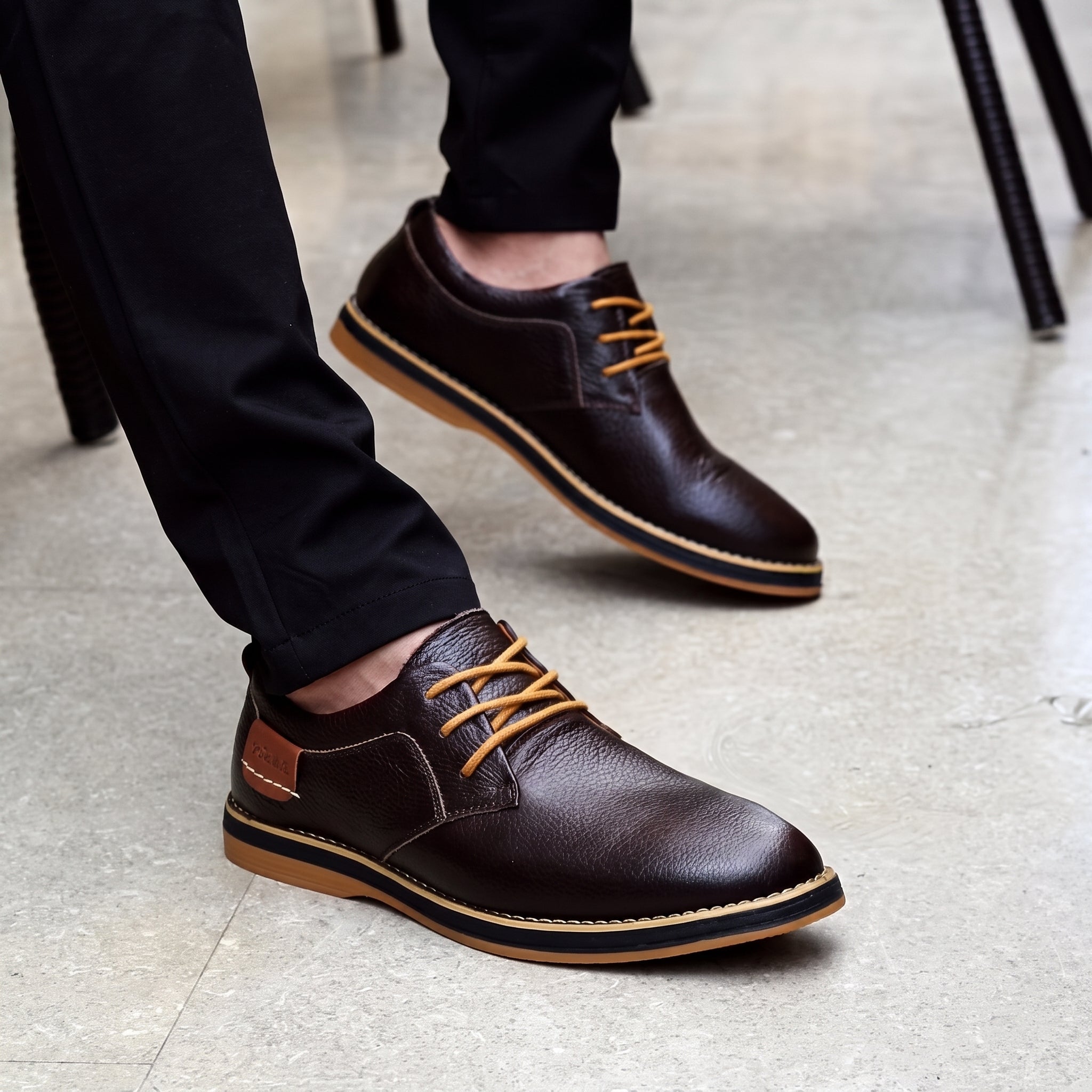 Jonas - Men's Casual Plain Contrast Tan Trim Derby Shoes - Shoes - Black - Taylor & Bennett