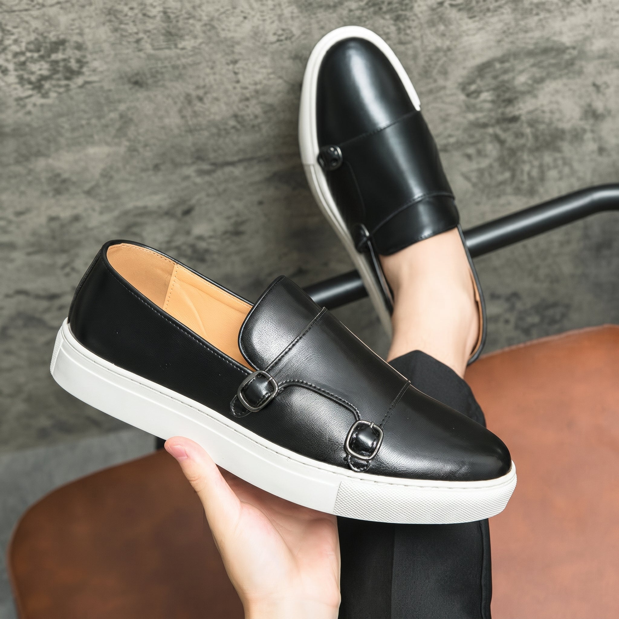Jonas - Men's Casual Slip-On Double Monk Strap Trainers - Shoes men - Black - Taylor & Bennett